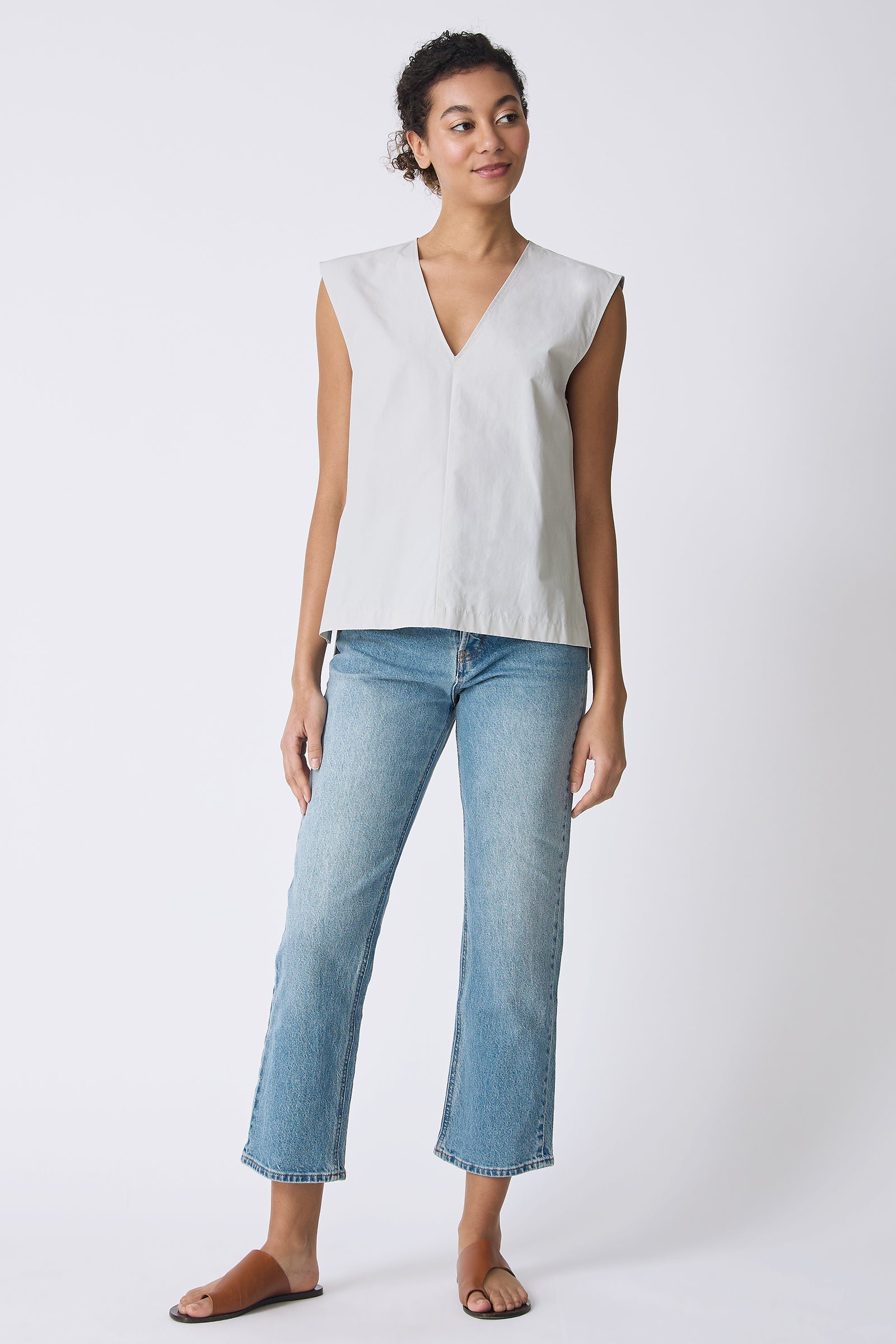Kal Rieman Ava V-Neck Shell in Stone on model looking left full front view