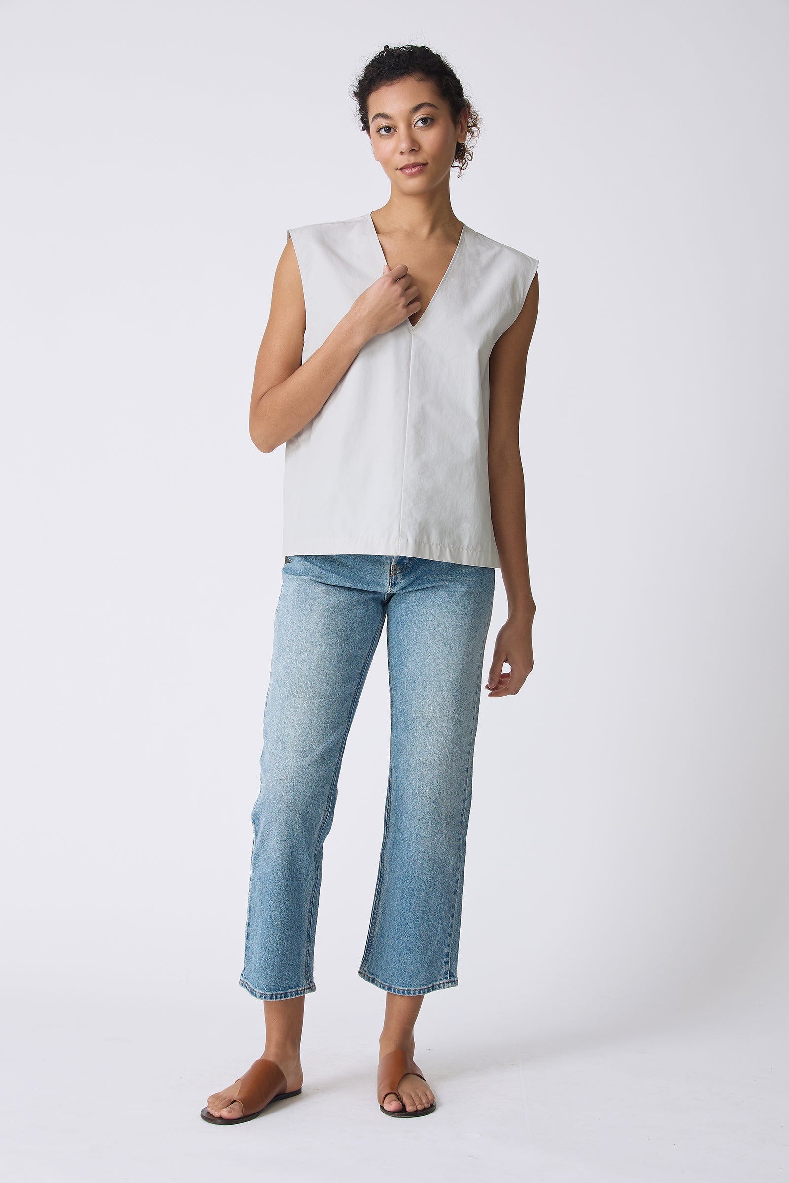 Kal Rieman Ava V-Neck Shell in Stone on model full front view