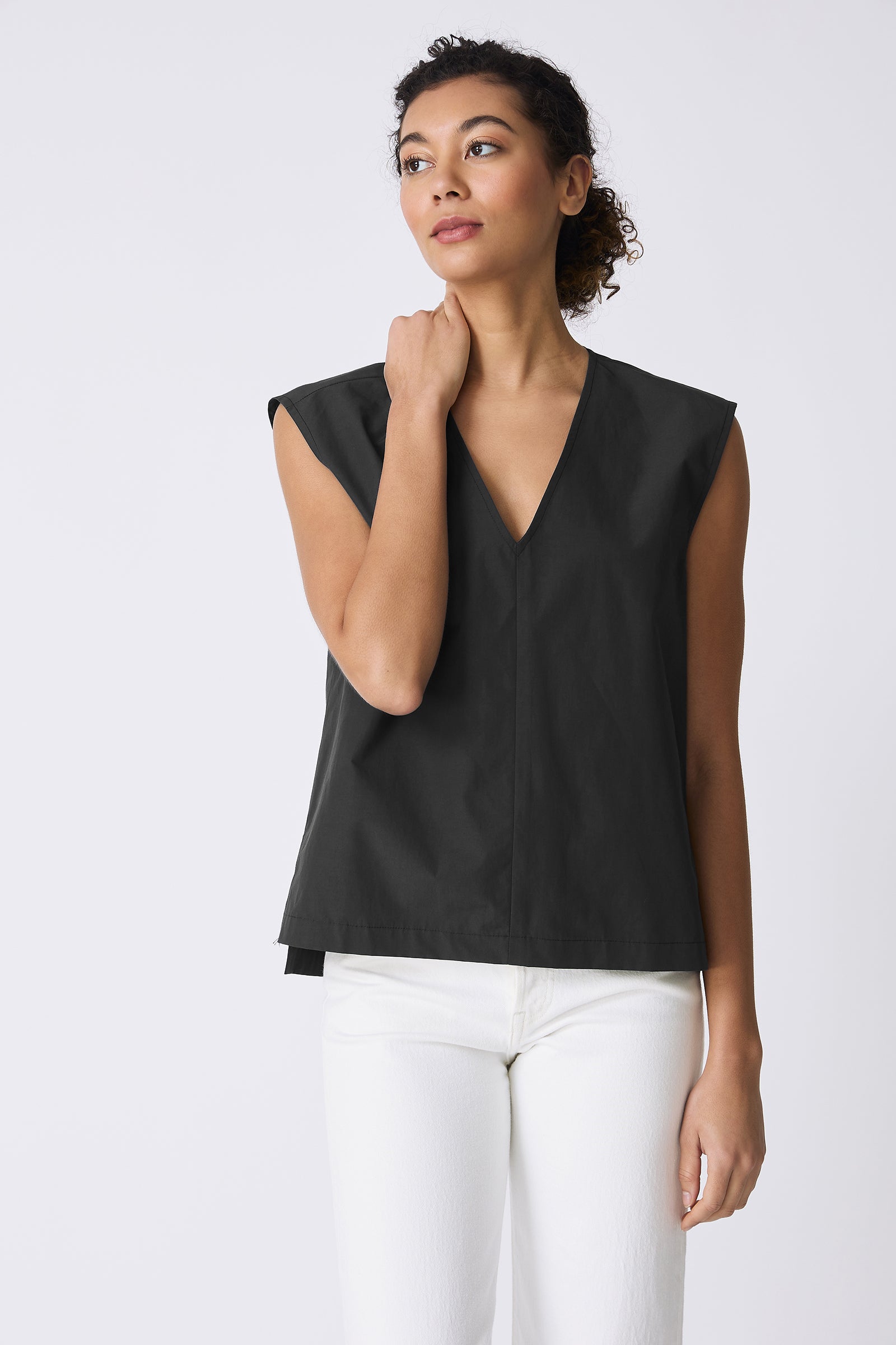 Kal Rieman Ava V-Neck Shell in Black on model looking right front view