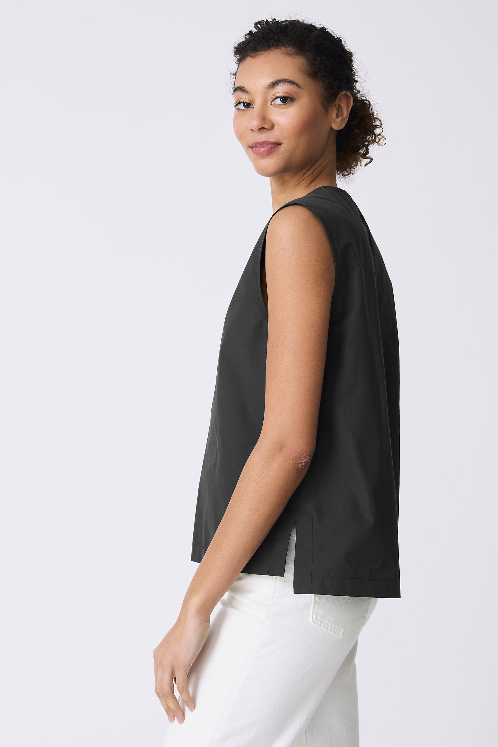 Kal Rieman Ava V-Neck Shell in Black on model side view