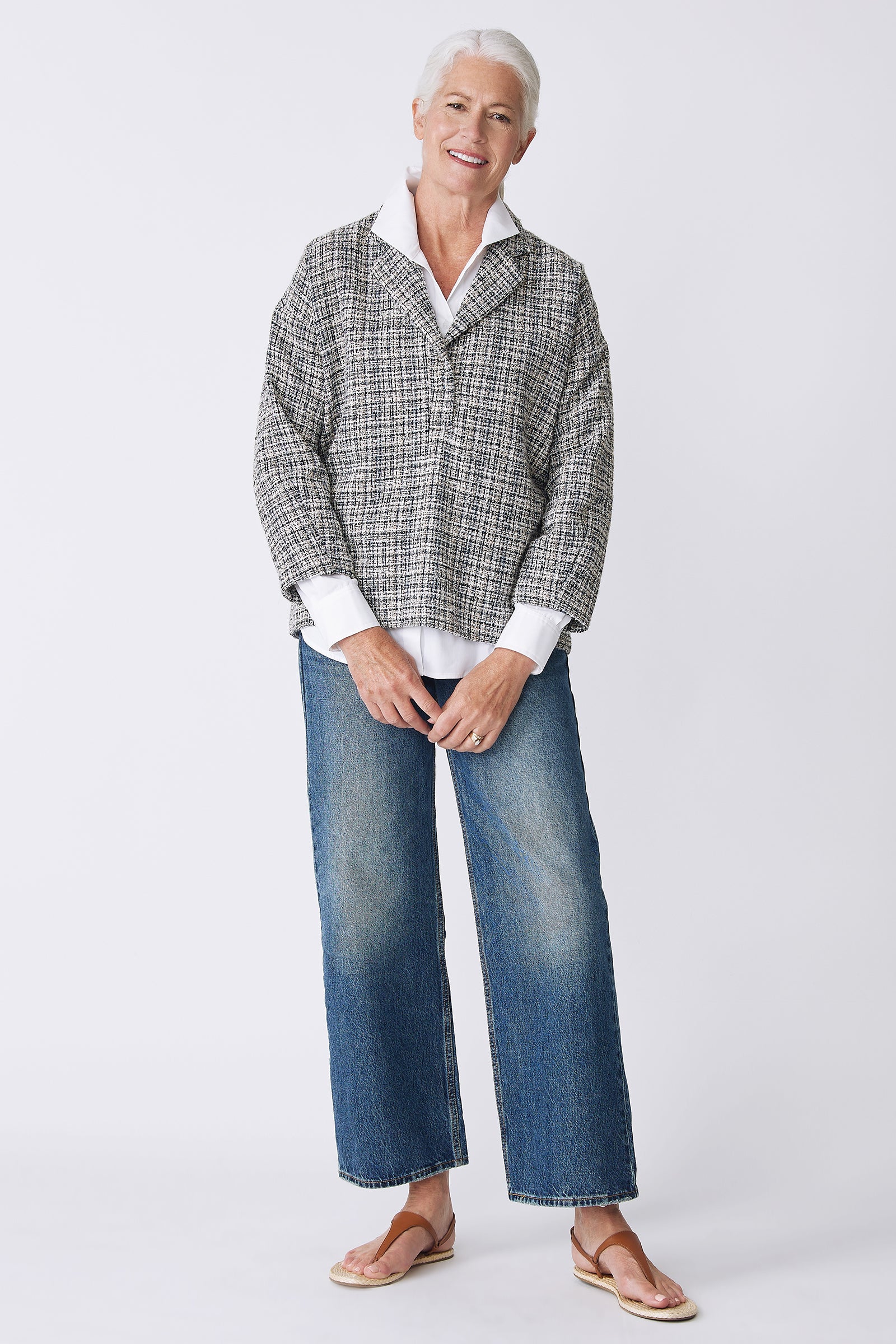 Kal Rieman Elaine Notch Collar Pullover in Spanish Multi Tweed on Model Main Full Front View hands in front