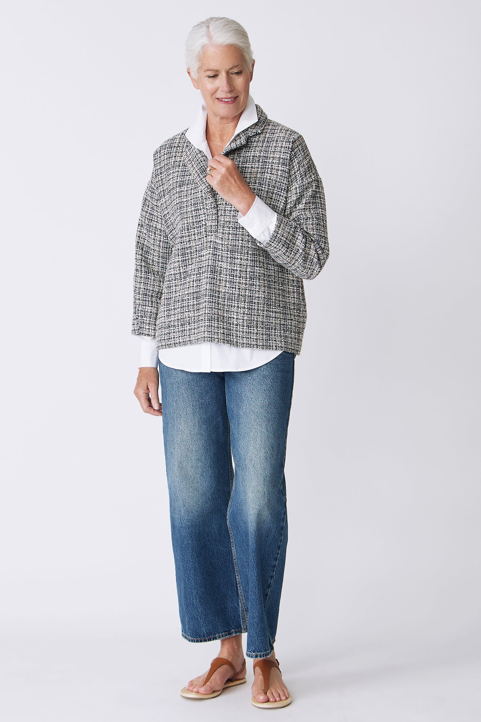 Kal Rieman Elaine Notch Collar Pullover in Spanish Multi Tweed on Model Main Full Front View looking down
