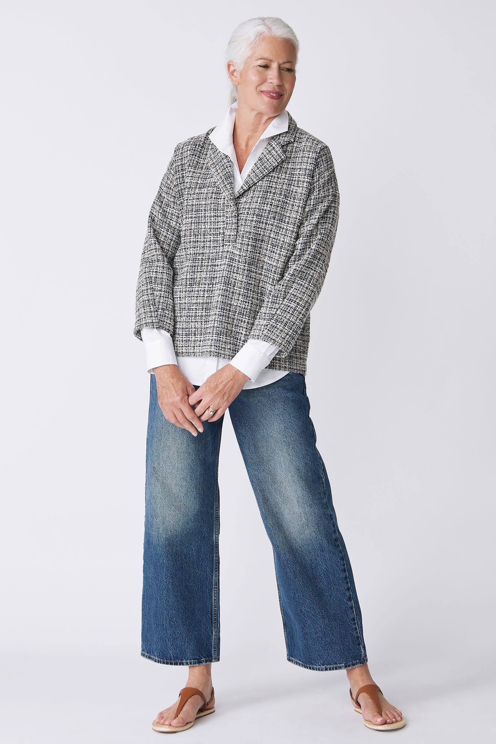 Kal Rieman Elaine Notch Collar Pullover in Spanish Multi Tweed on Model Main Full Front View hands in front