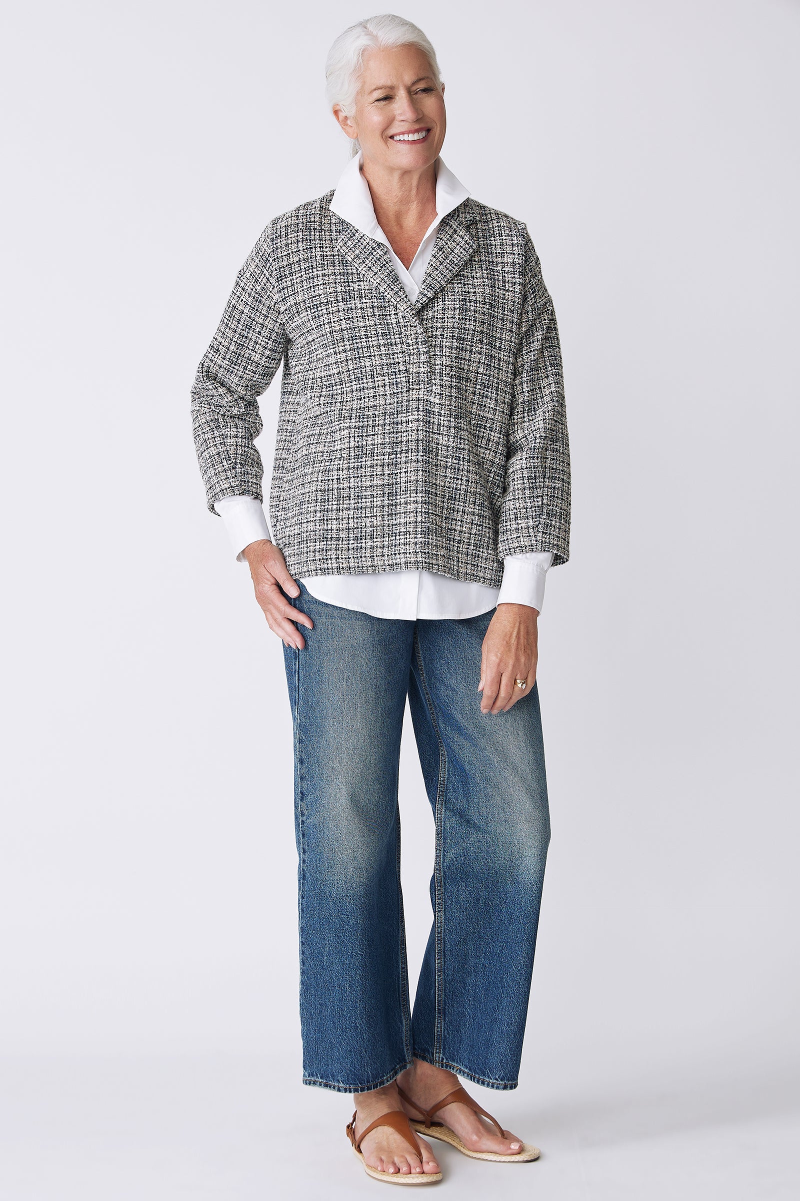 Kal Rieman Elaine Notch Collar Pullover in Spanish Multi Tweed on Model Main Full Side View