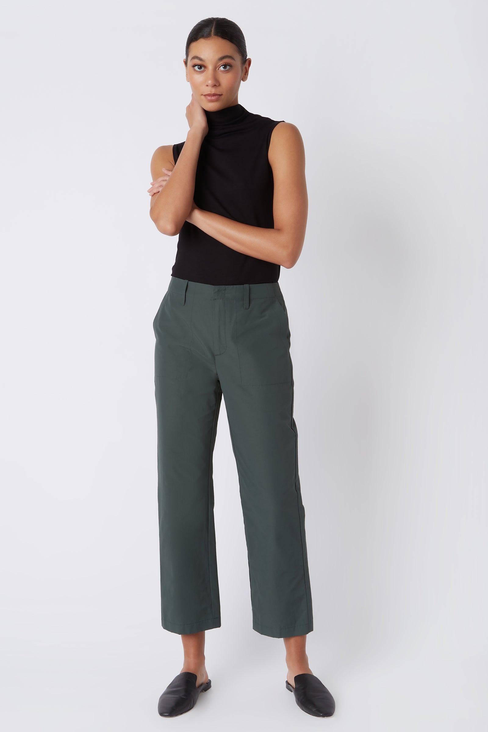 Kal Rieman Francoise Cigarette Pant in Loden Italian Broadcloth on Model with Hand on Neck Full Front View