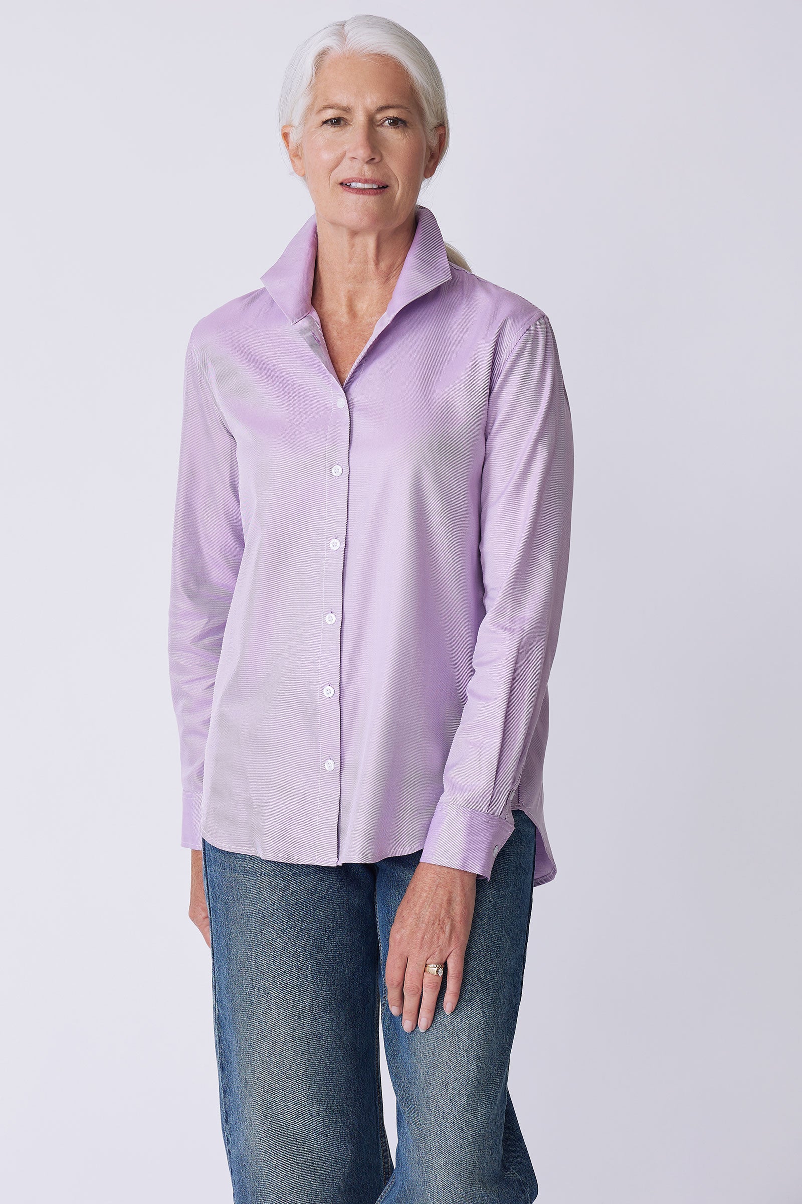 Ginna Box Pleat Tailored Shirt in Violet soft twill on model front view detail