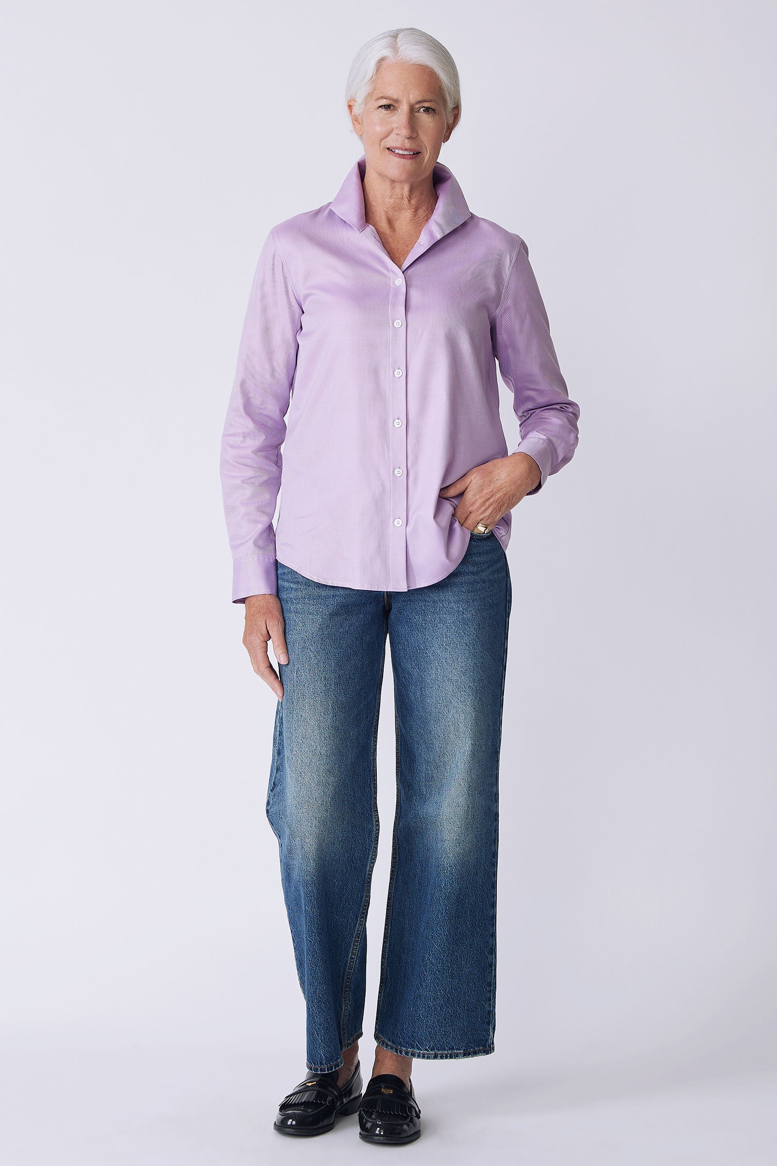 Ginna Box Pleat Tailored Shirt in Violet soft twill on model front view hand in pocketl