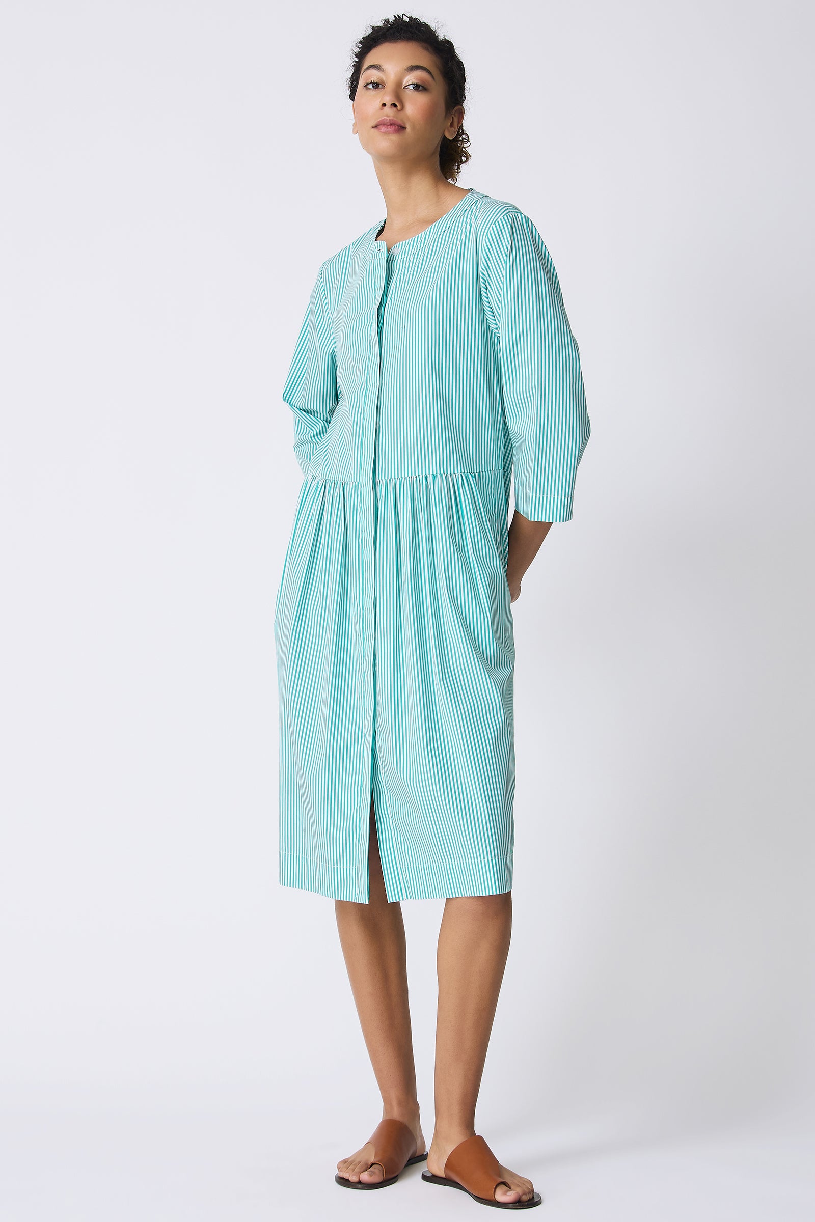 Kal Rieman Abby Shirt Dress in Miami Stripe Green on model full front view