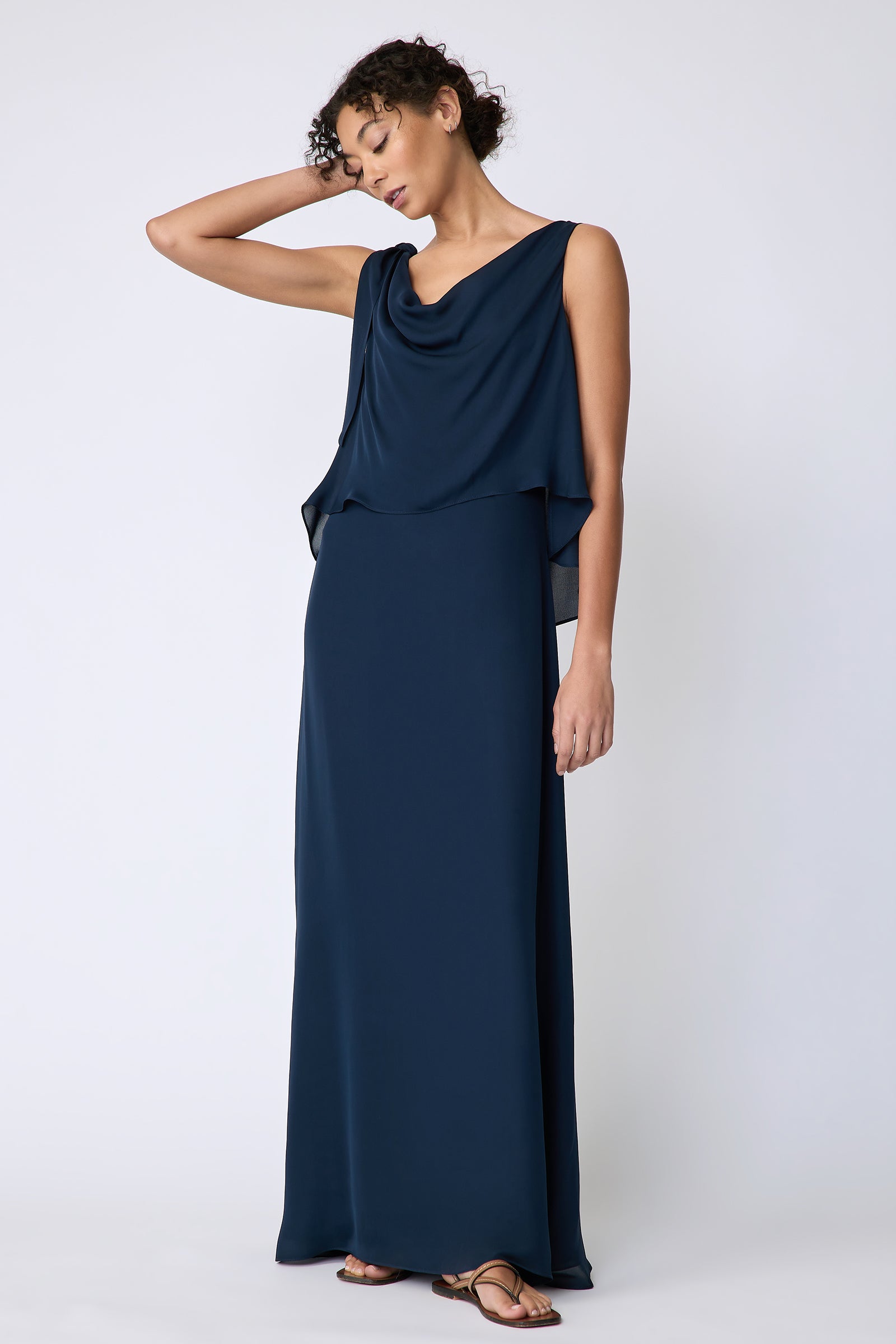 Kal Rieman Ada Gown in navy silk georgette on model front view hand on head