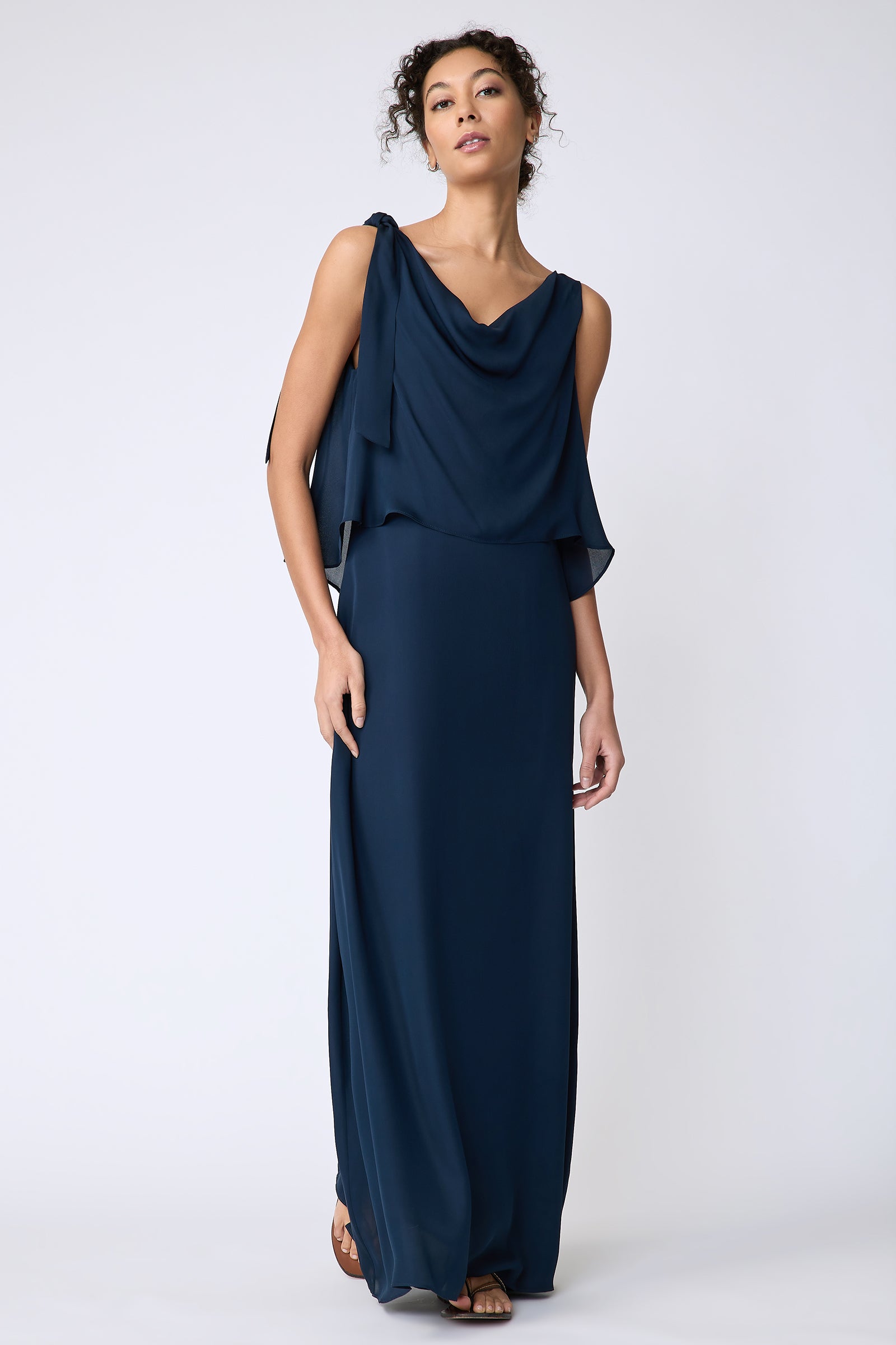 Kal Rieman Ada Gown in navy silk georgette on model front view walking