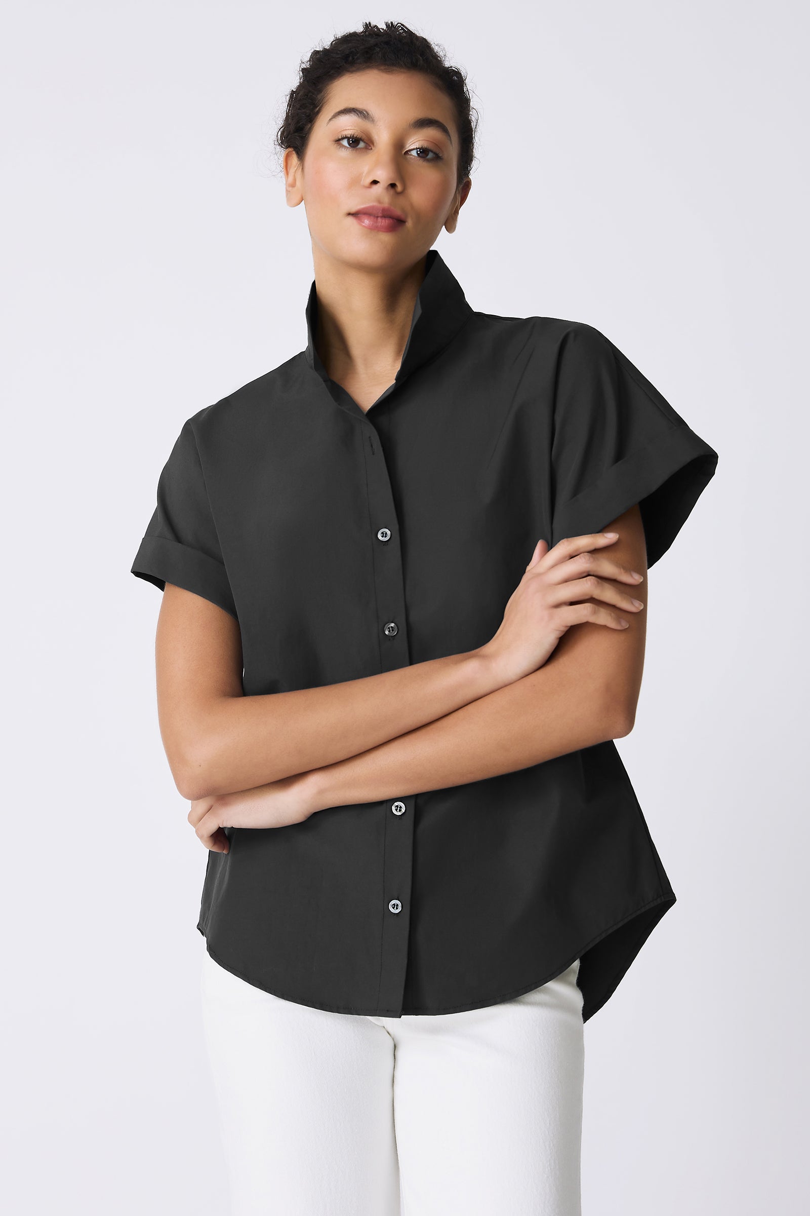 Kal Rieman Ali Kimono in Black on model with arms crossed front view