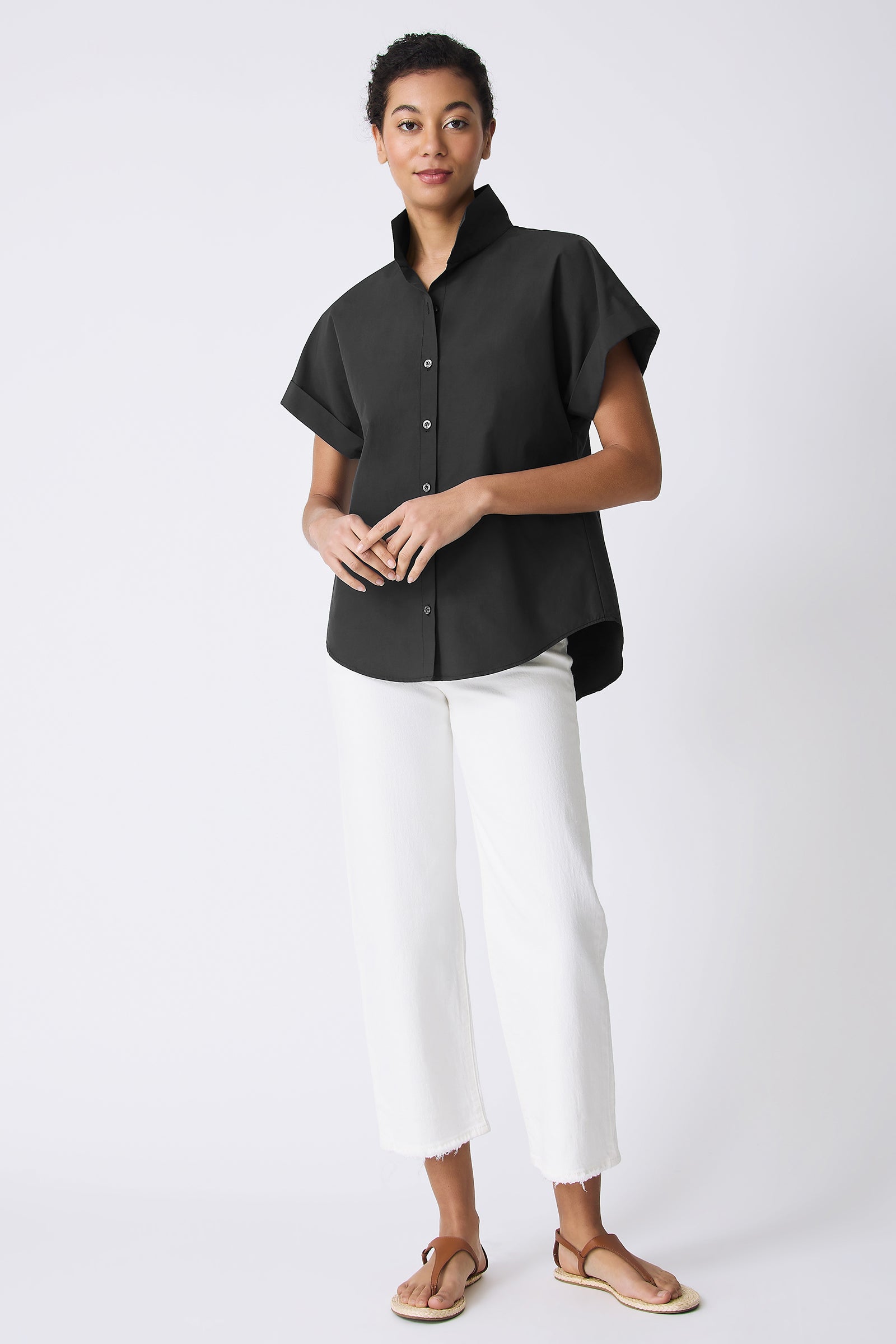 Kal Rieman Ali Kimono in Black on model touching hands full front view