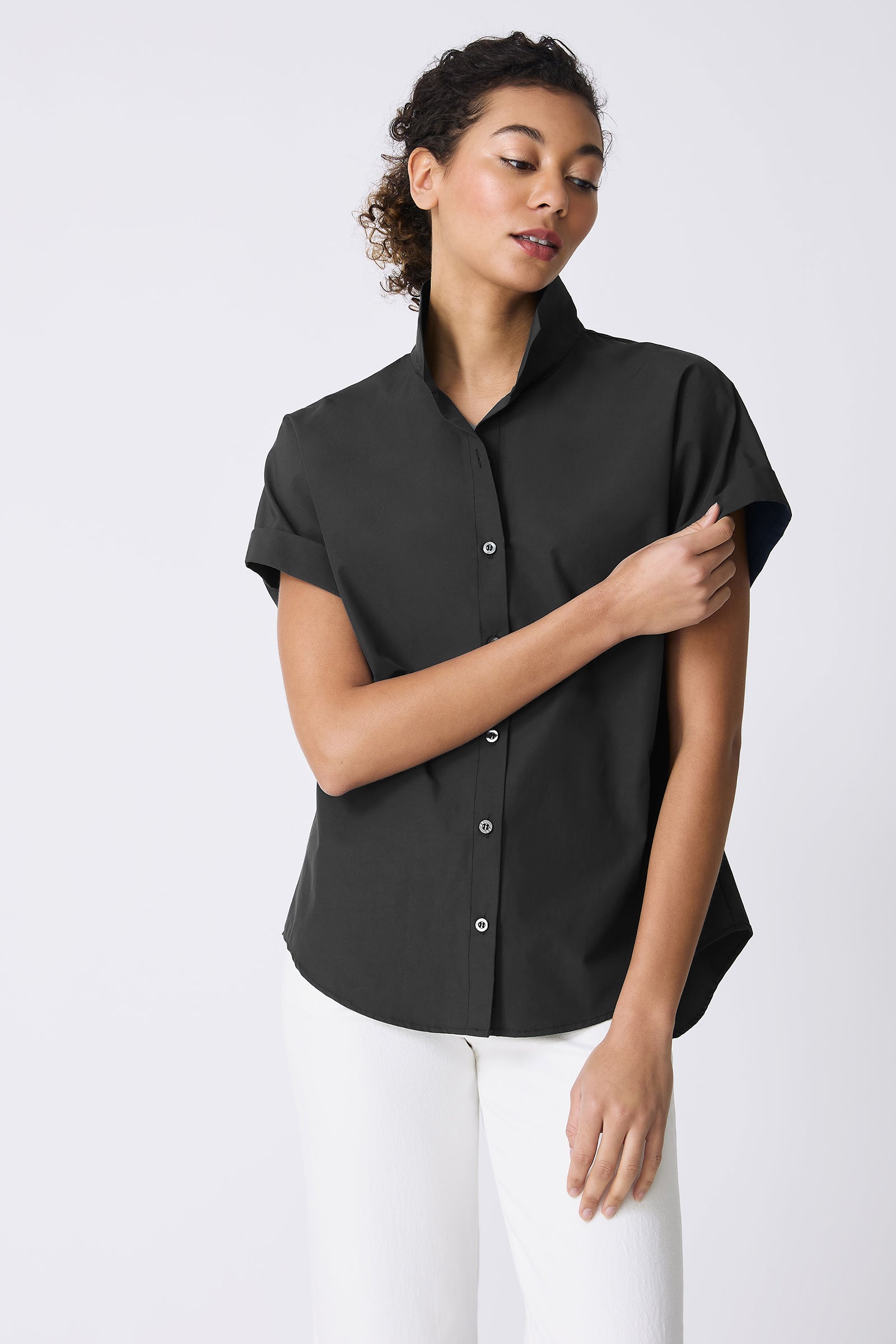 Kal Rieman Ali Kimono in Black on model touching sleeve front view