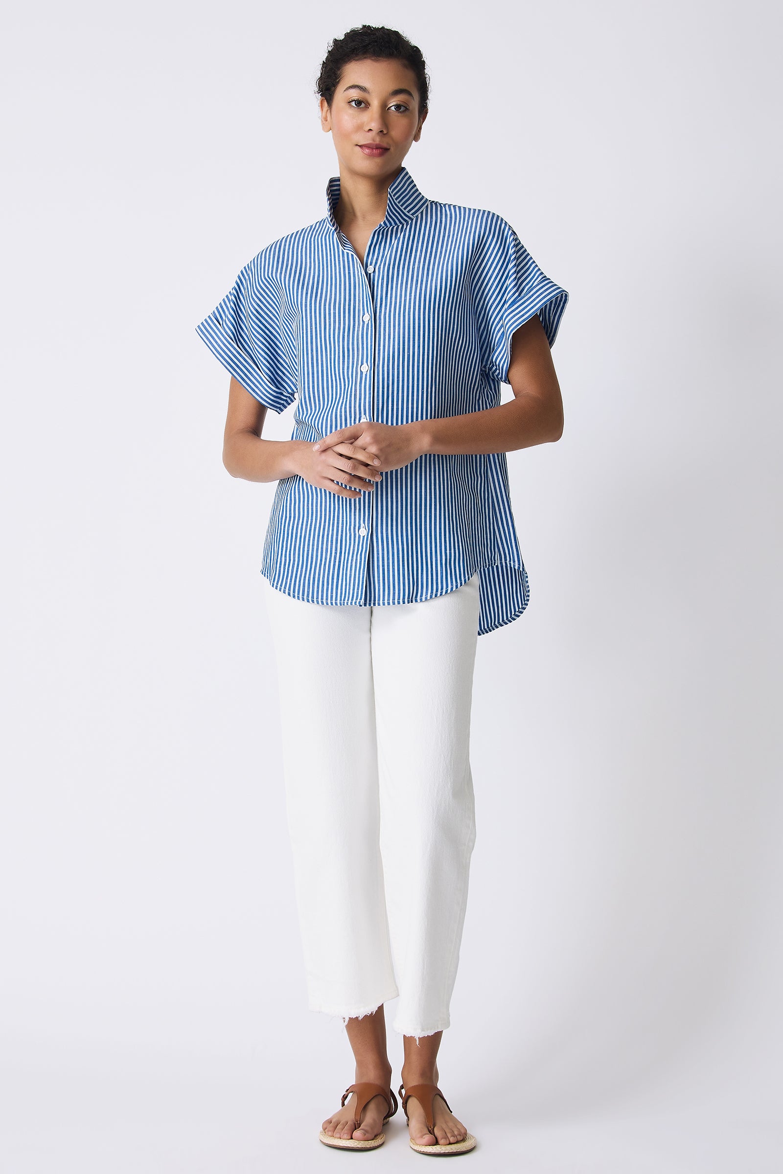 Kal Rieman Ali Kimono in Cabana Stripe Blue on model full front view