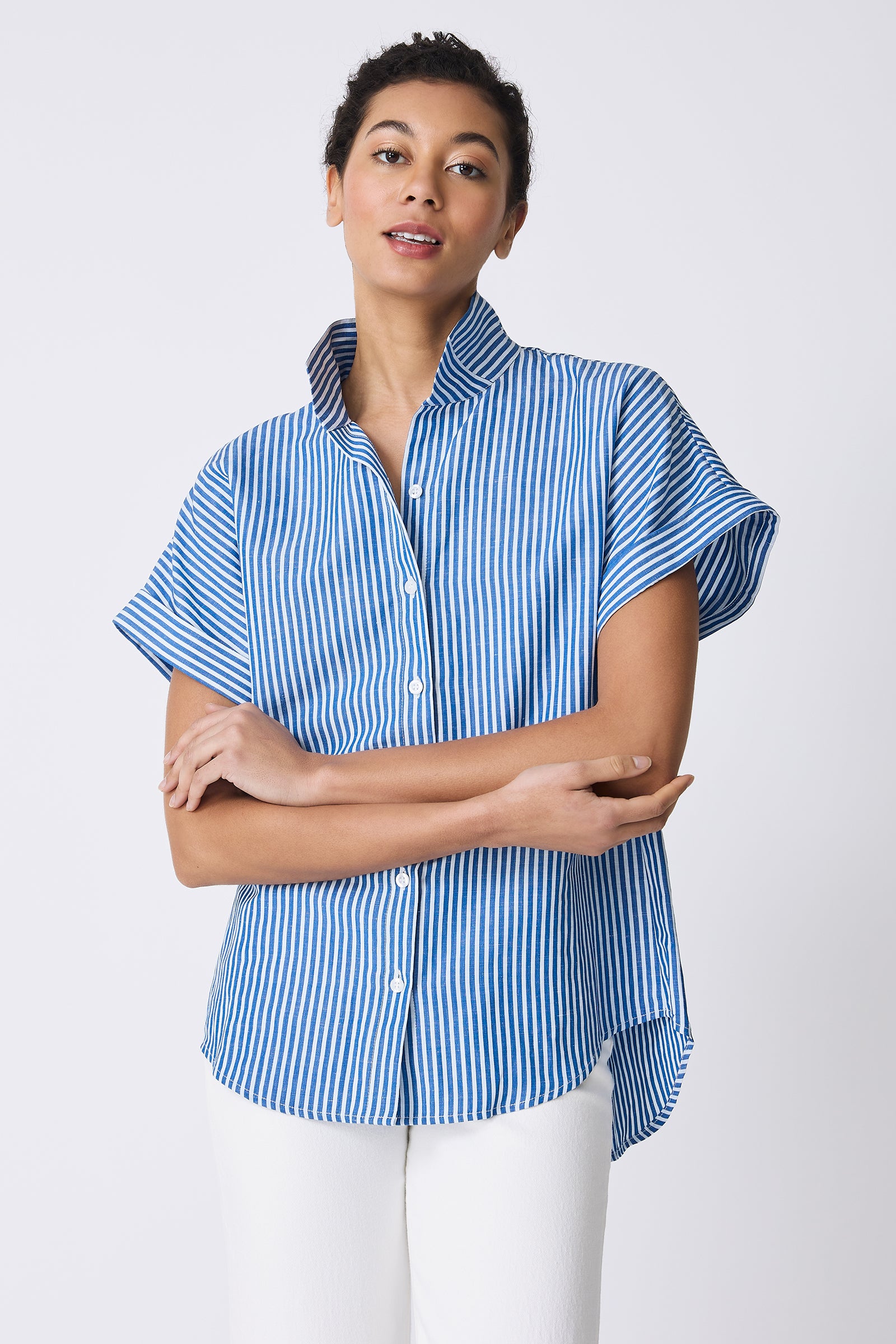 Kal Rieman Ali Kimono in Cabana Stripe Blue on model with arms crossed front view