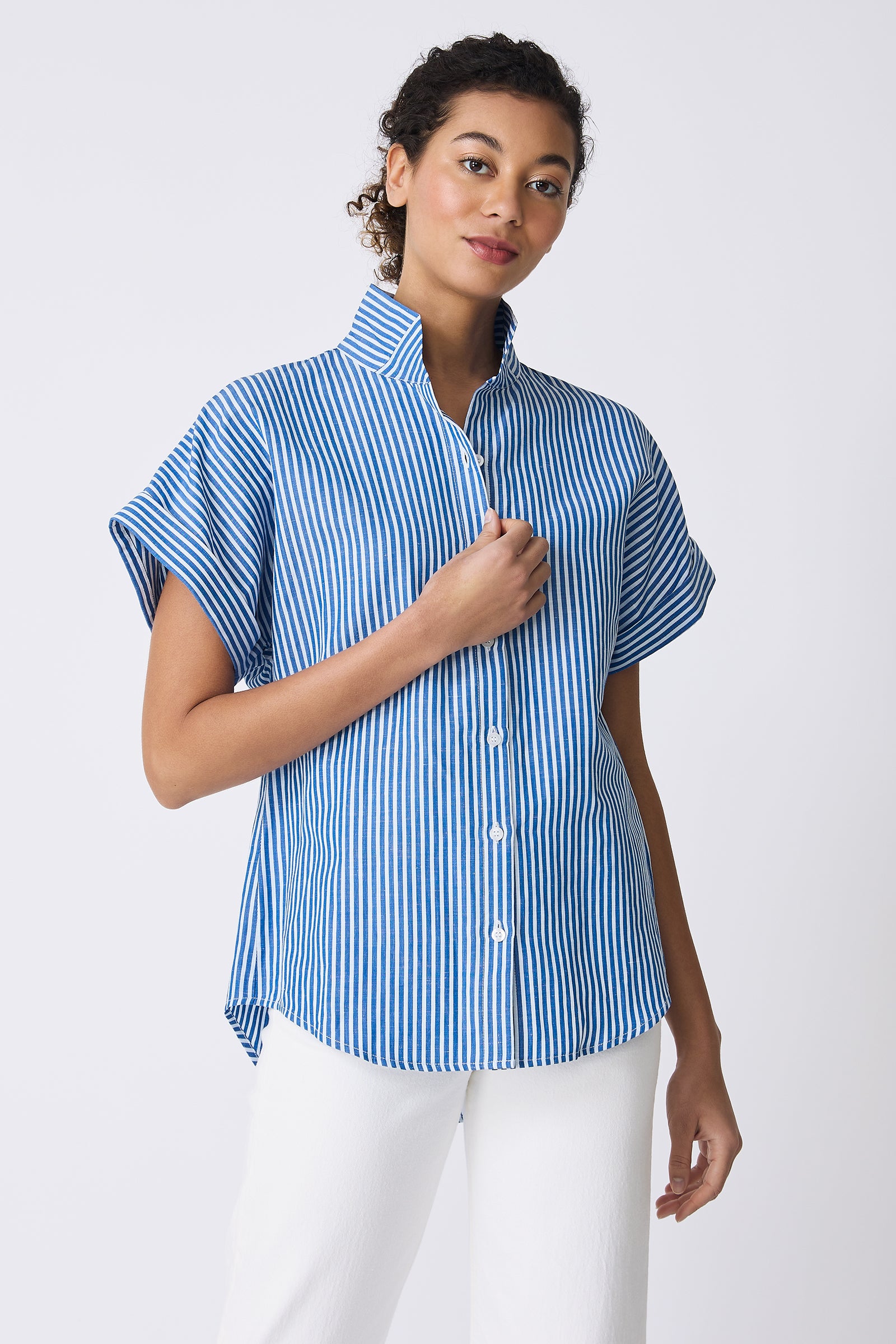 Kal Rieman Ali Kimono in Cabana Stripe Blue on model touching button front view