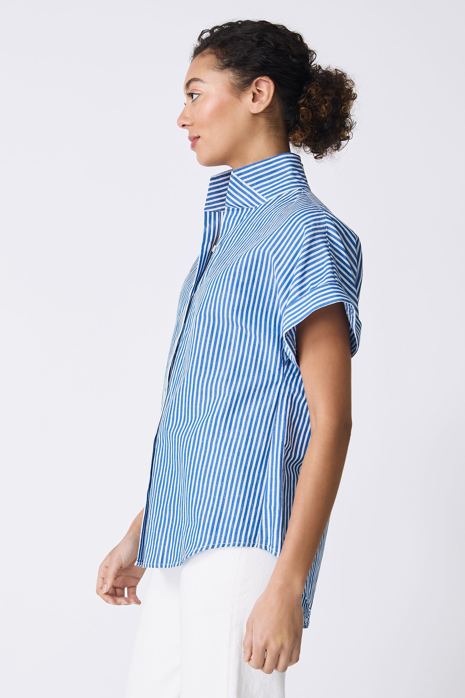 Kal Rieman Ali Kimono in Cabana Stripe Blue on model side view