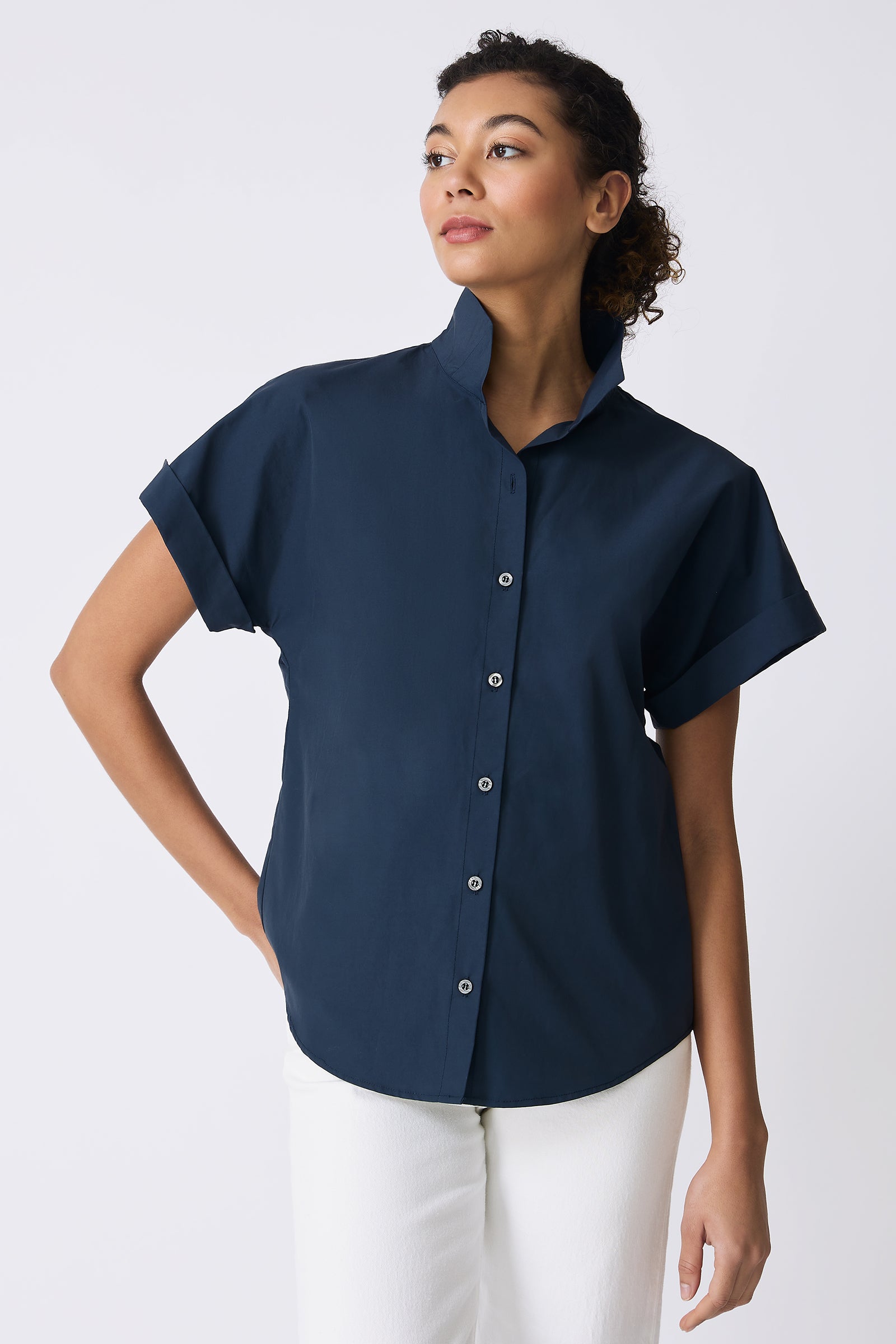 Kal Rieman Ali Kimono Top in Summer Navy on model looking right front view
