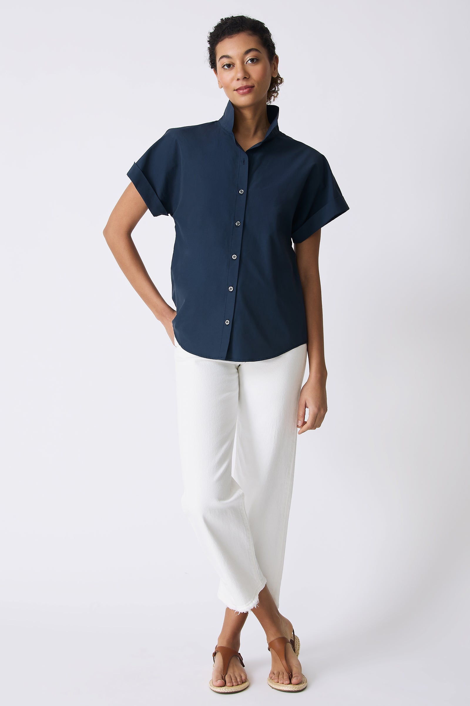 Kal Rieman Ali Kimono Top in Summer Navy on model with hand in pocket full front view