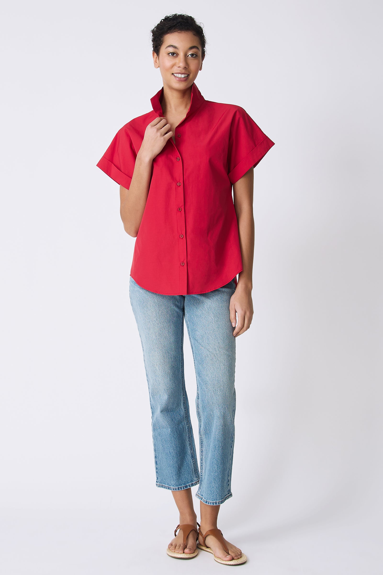 Kal Rieman Ali Kimono Top in Red on model touching collar full front view