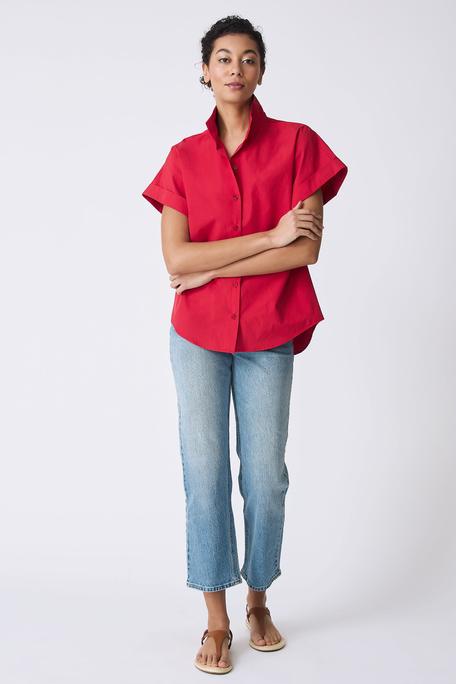Kal Rieman Ali Kimono Top in Red on model with arms crossed full front view