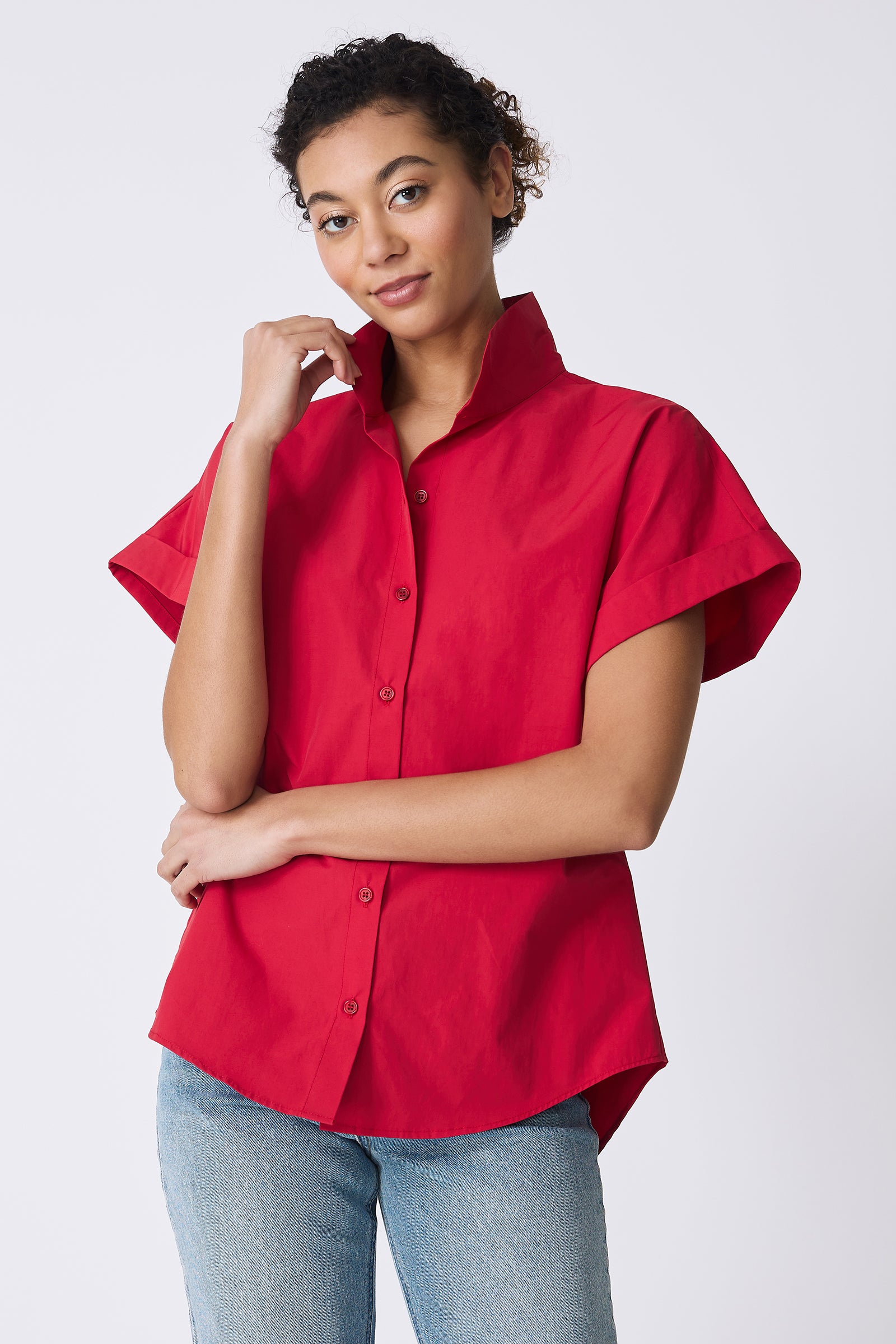Kal Rieman Ali Kimono Top in Red on model touching collar front view