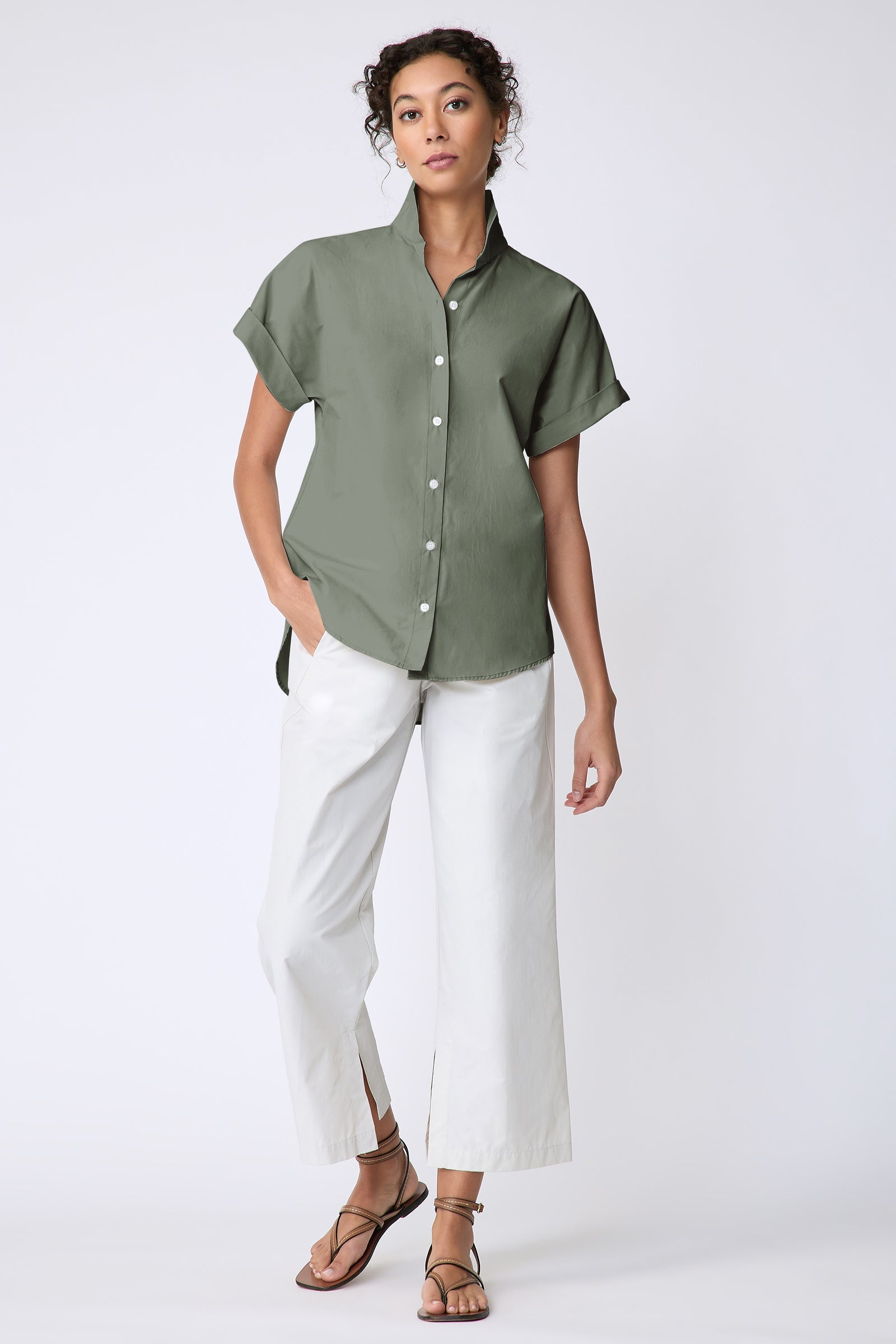 Kal Rieman Ali Kimono Top in Italian broadcloth color cactus on model front view full length