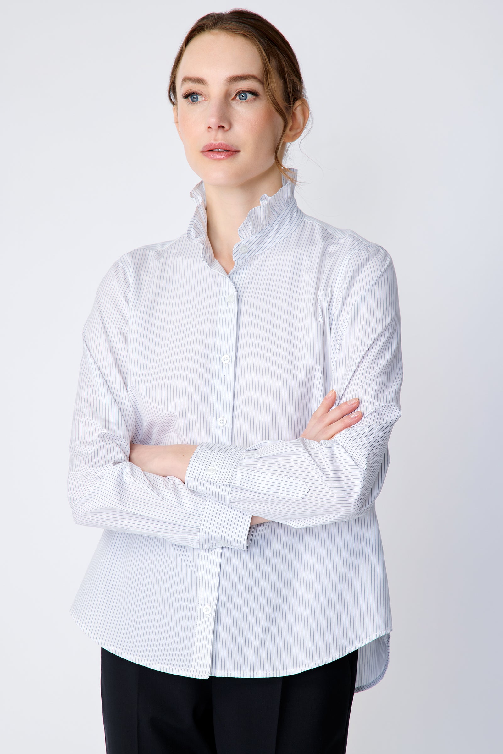 Kal Rieman Amy Ruffle Collar Shirt on model front view arms crossed