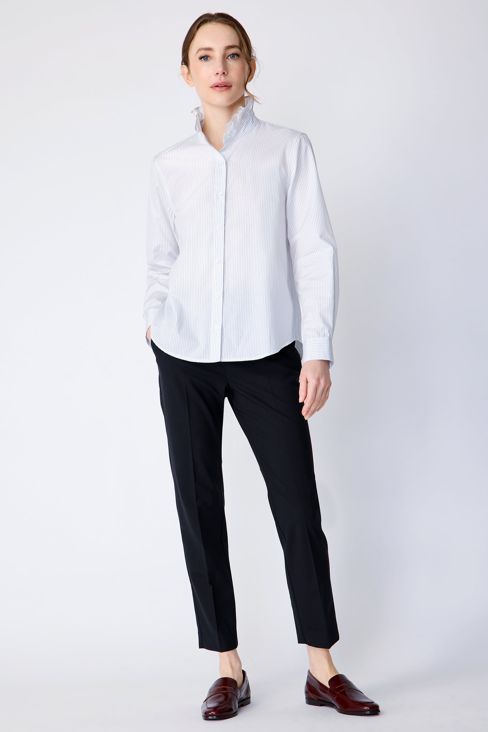 Kal Rieman Amy Ruffle Collar Shirt on model front view full hand in pocket