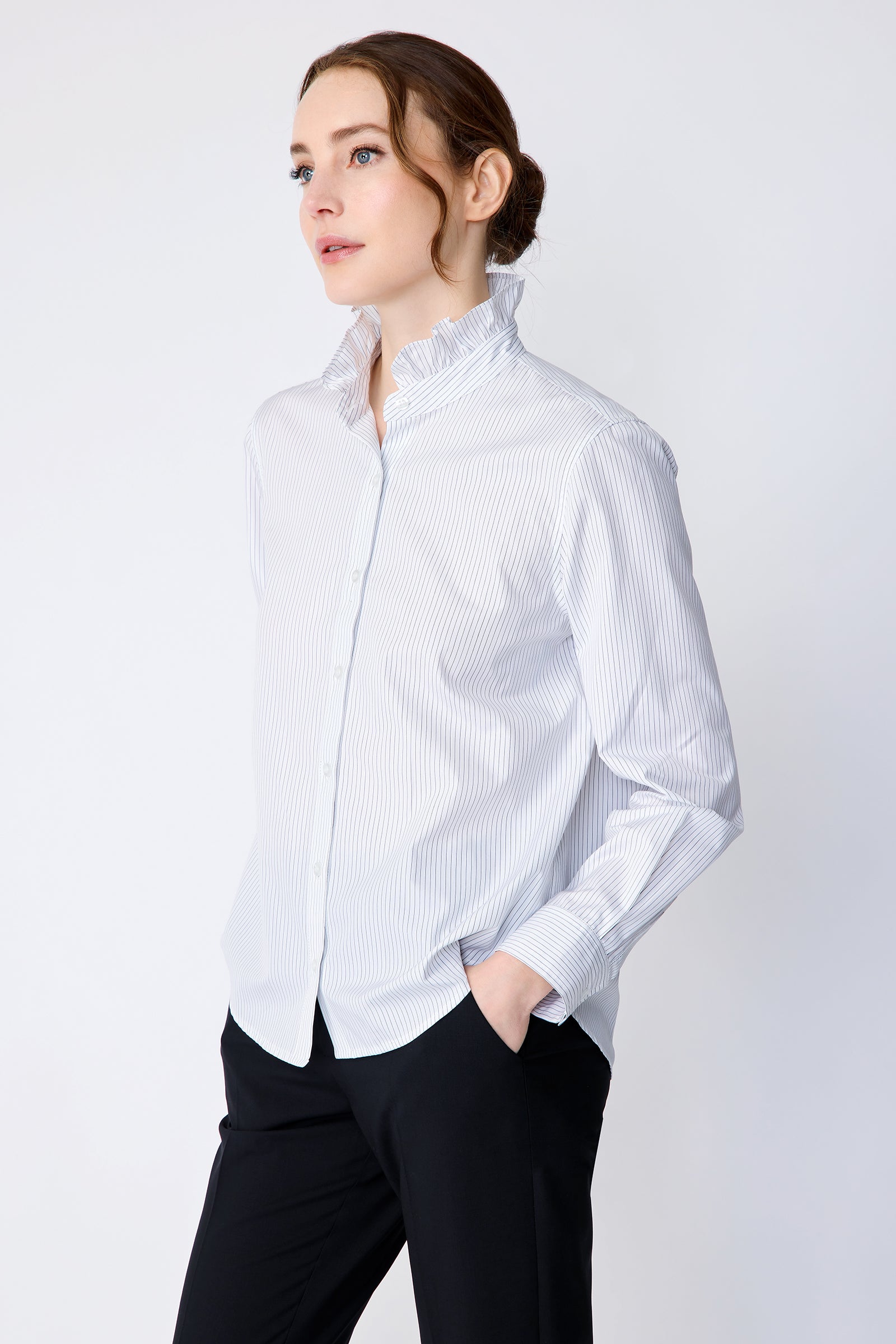 Kal Rieman Amy Ruffle Collar Shirt on model side view hands in pockets