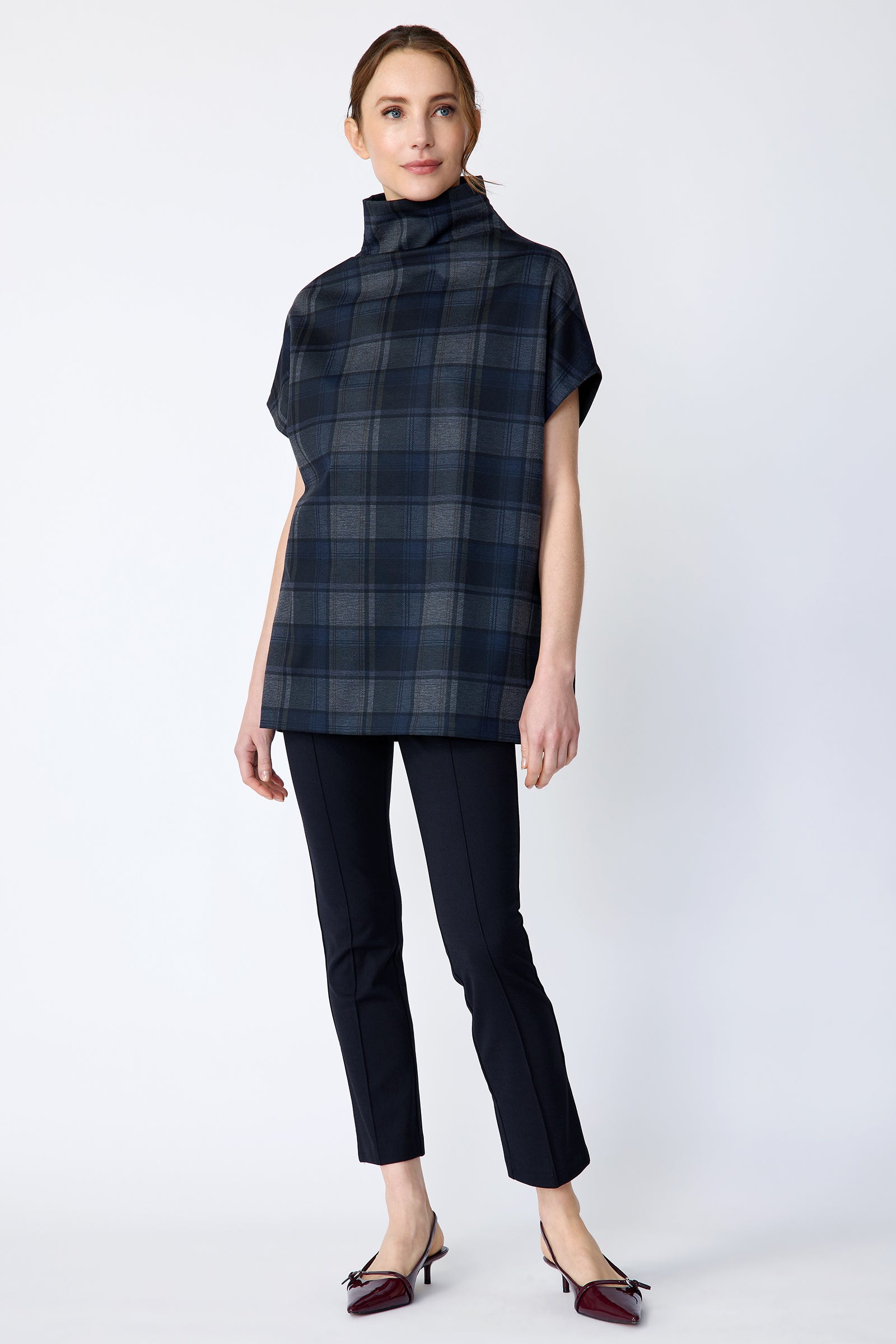 Kal Rieman Ana Plaid Funnelneck in plaid ponte on model front view full