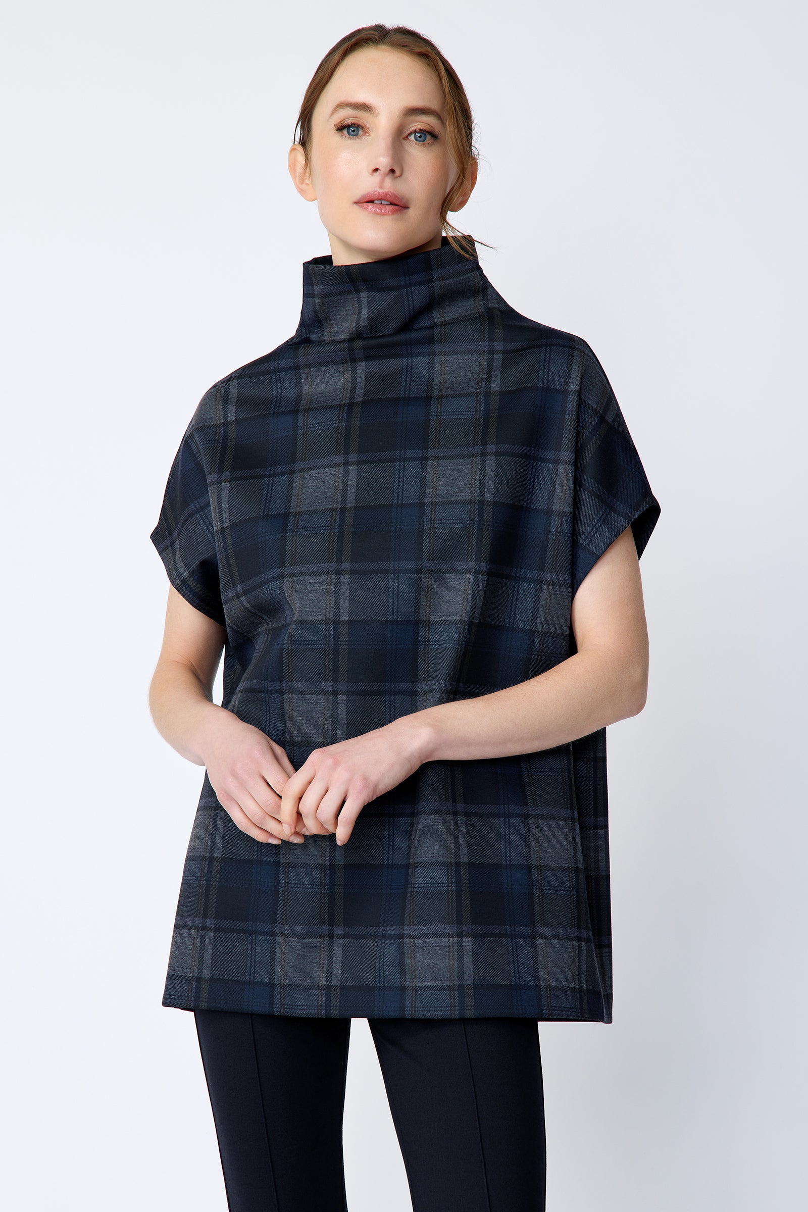 Kal Rieman Anna Plaid Funnelneck in plaid ponte on model front view