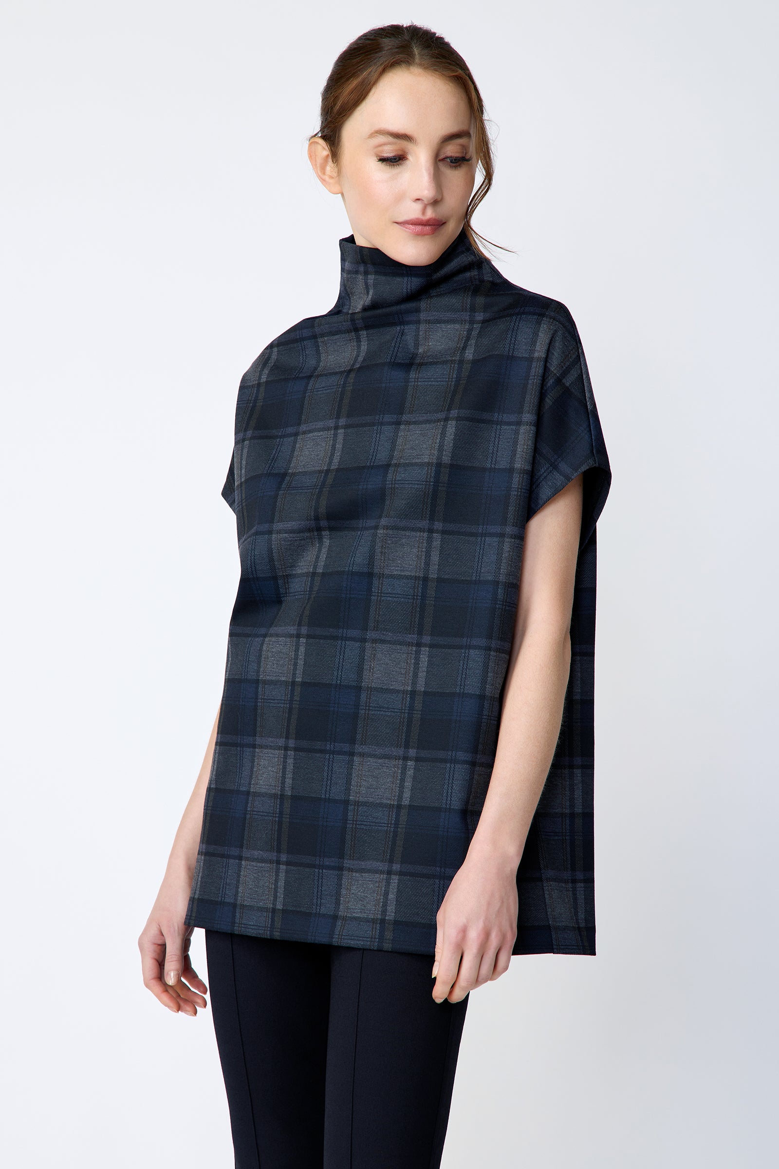 Kal Rieman Anna Plaid Funnelneck in plaid ponte on model side view looking down