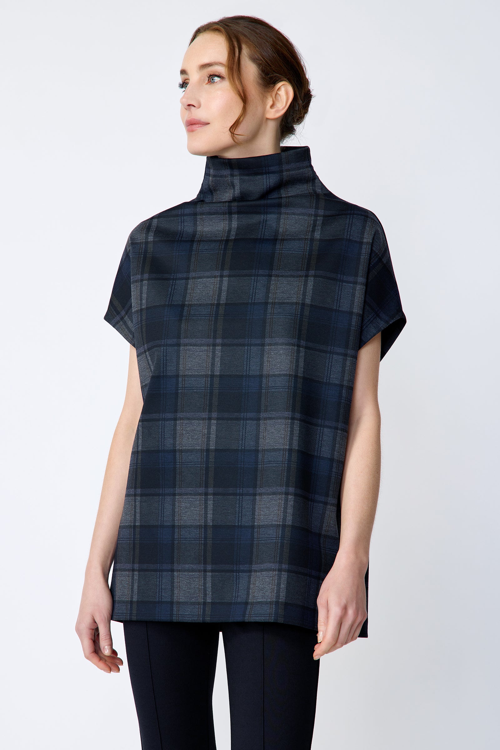 Kal Rieman Anna Plaid Funnelneck in plaid ponte on model side view