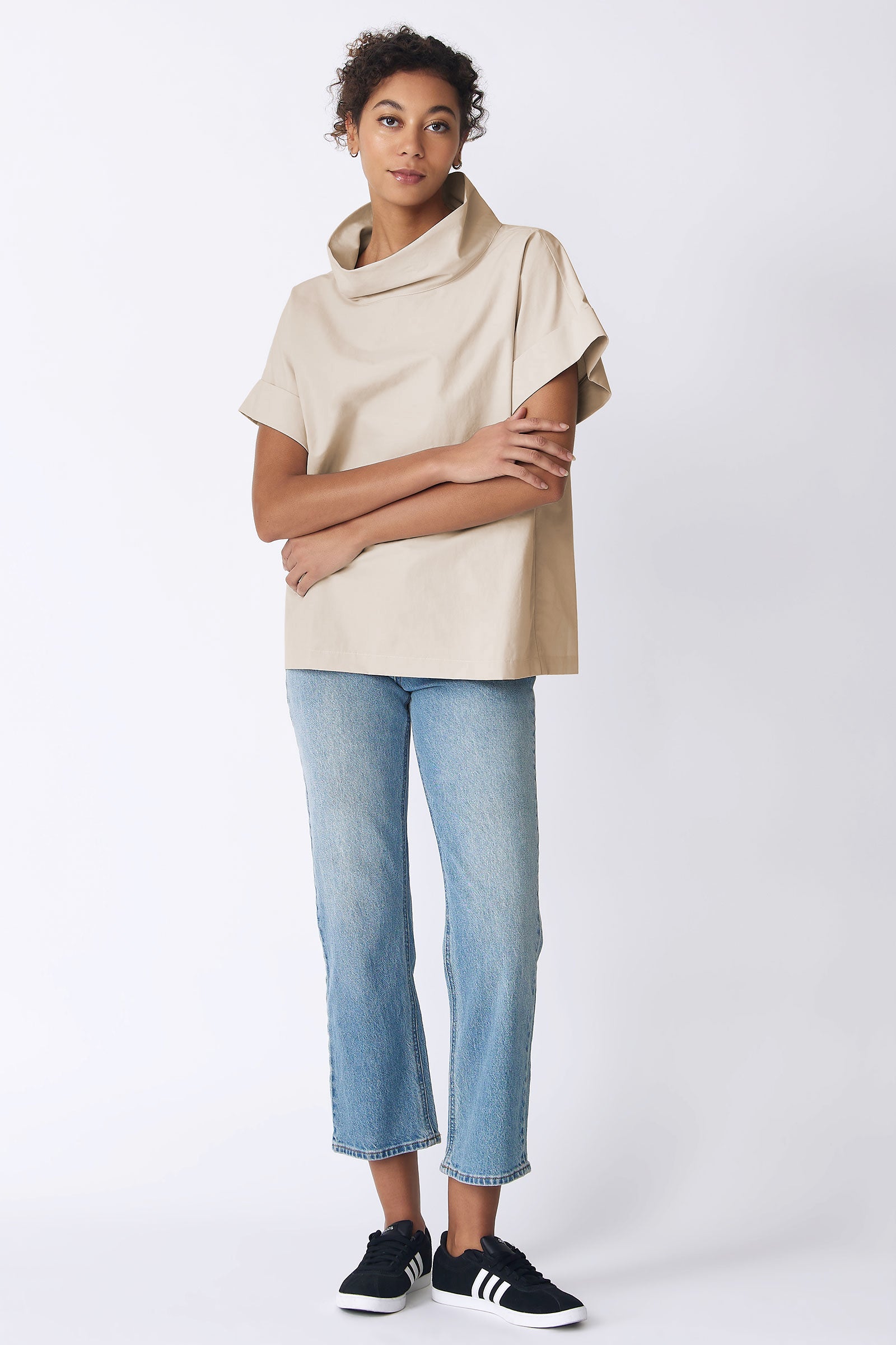 Kal Rieman Ary Kimono Tee in sand broadcloth on model front view