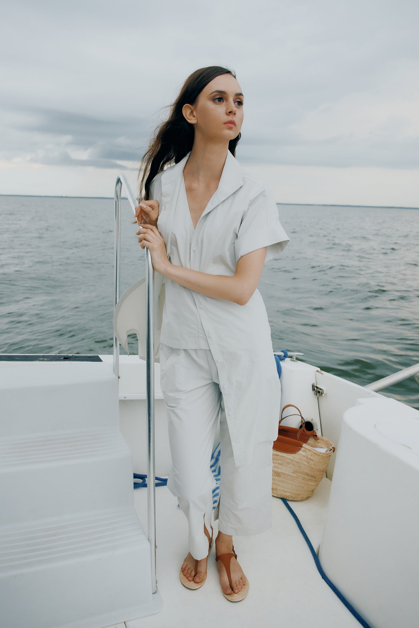 Kal Rieman Ava V-Neck Shell in Stone on model lookbook image