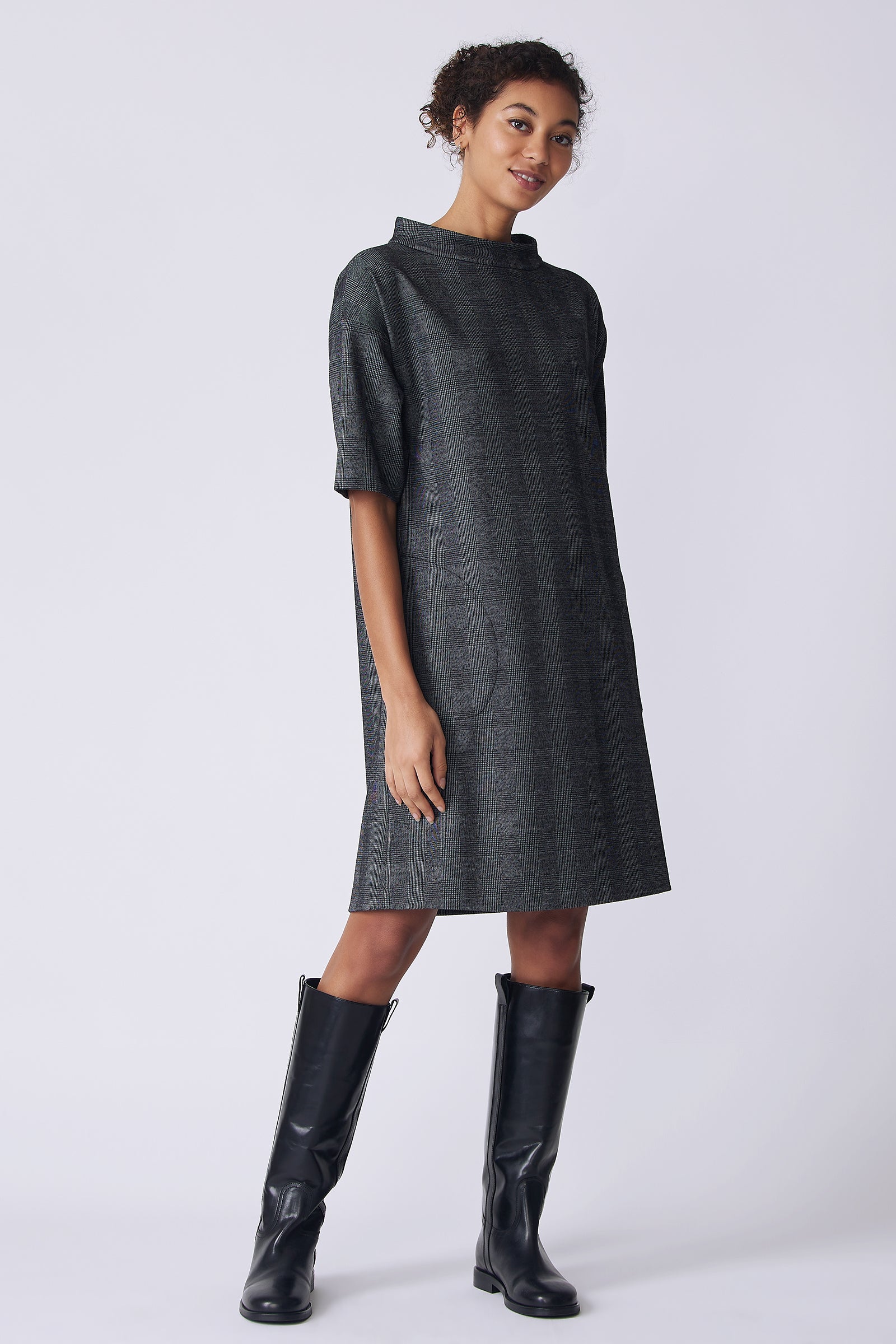 Kal Rieman Avery Dress in black plaid on model front view full