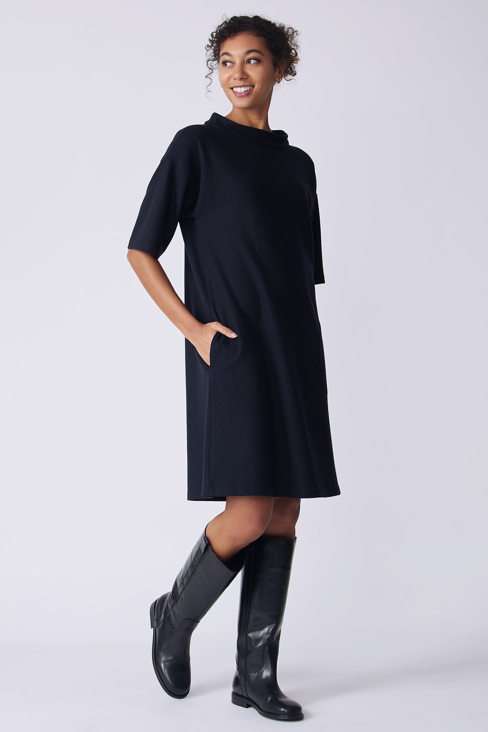 Kal Rieman Avery Dress in midnight felted jersey on model side view walking
