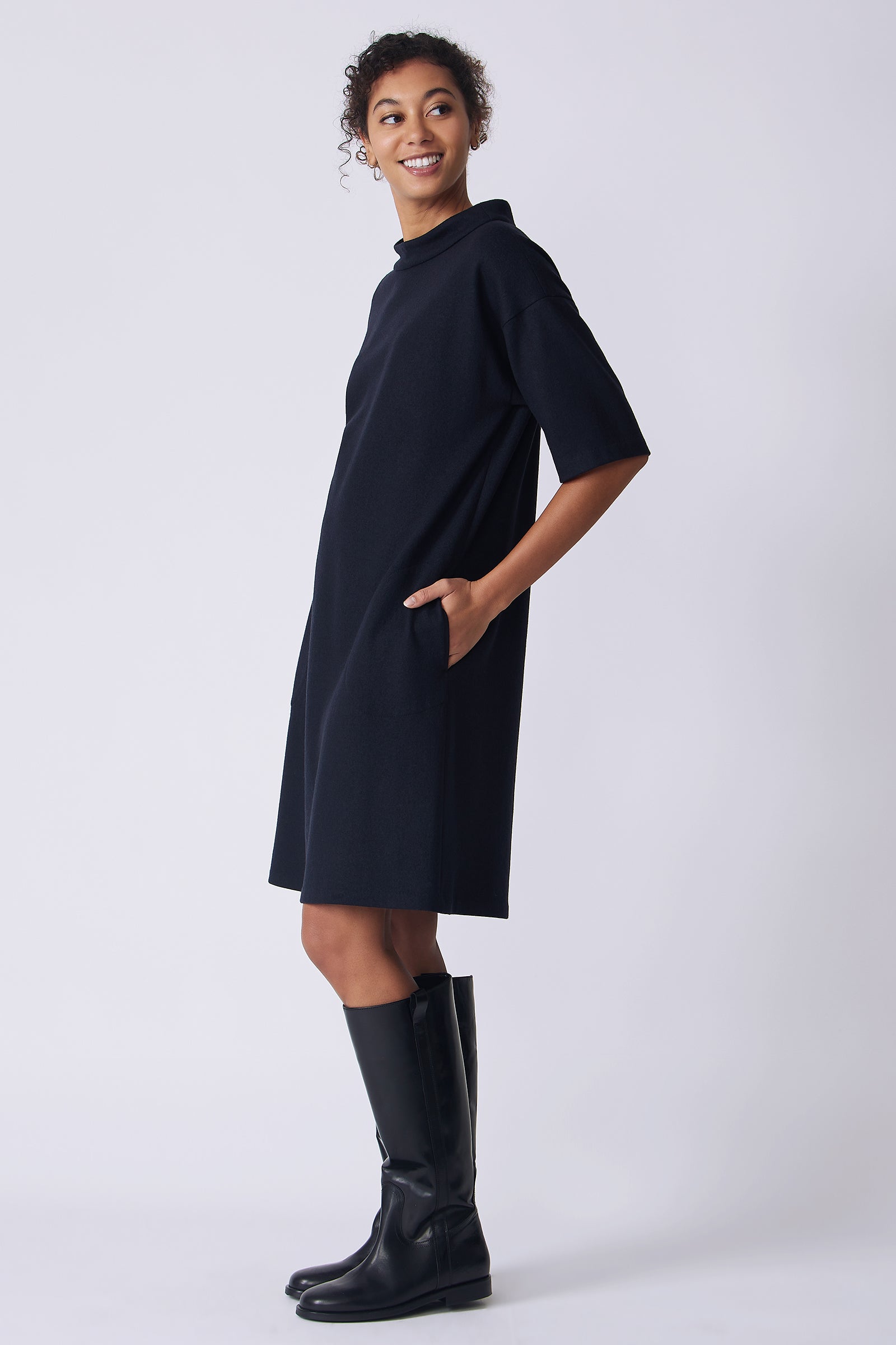 Kal Rieman Avery Dress in midnight felted jersey on model side view