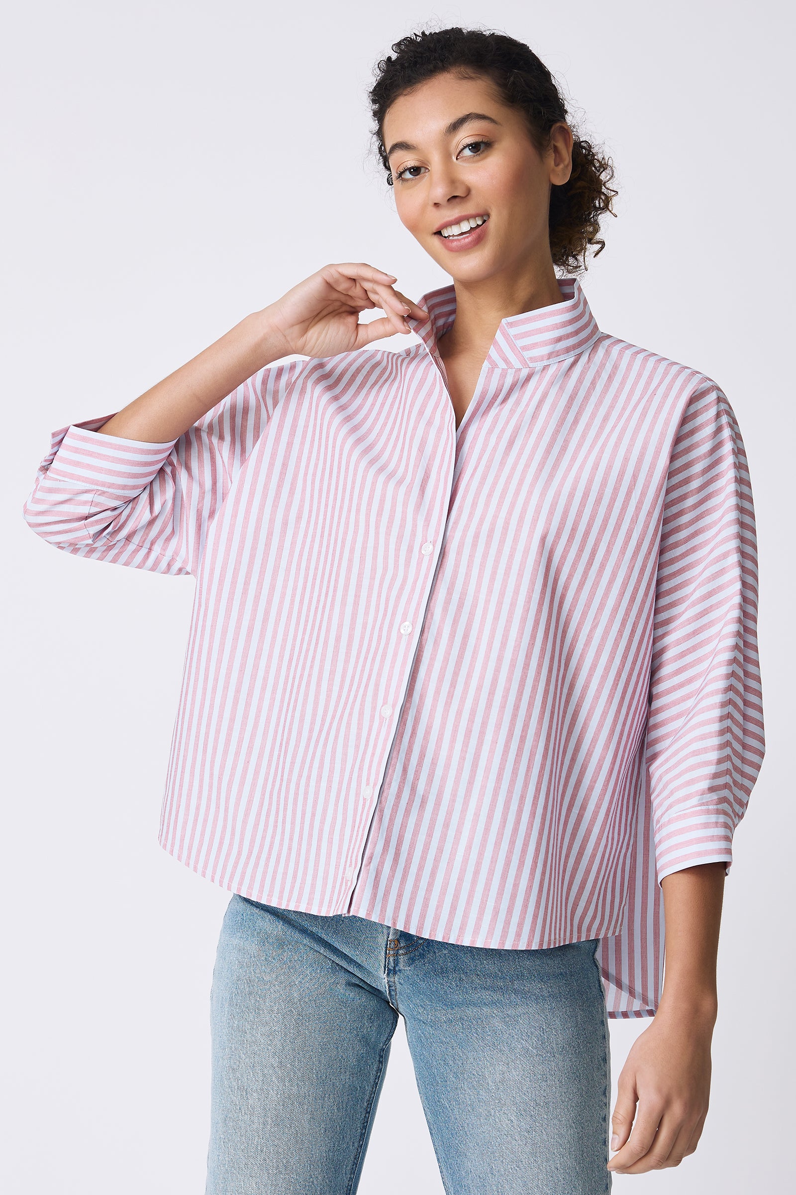 Kal Rieman Avi Shirt in Cabana Stripe Red on model touching collar front view