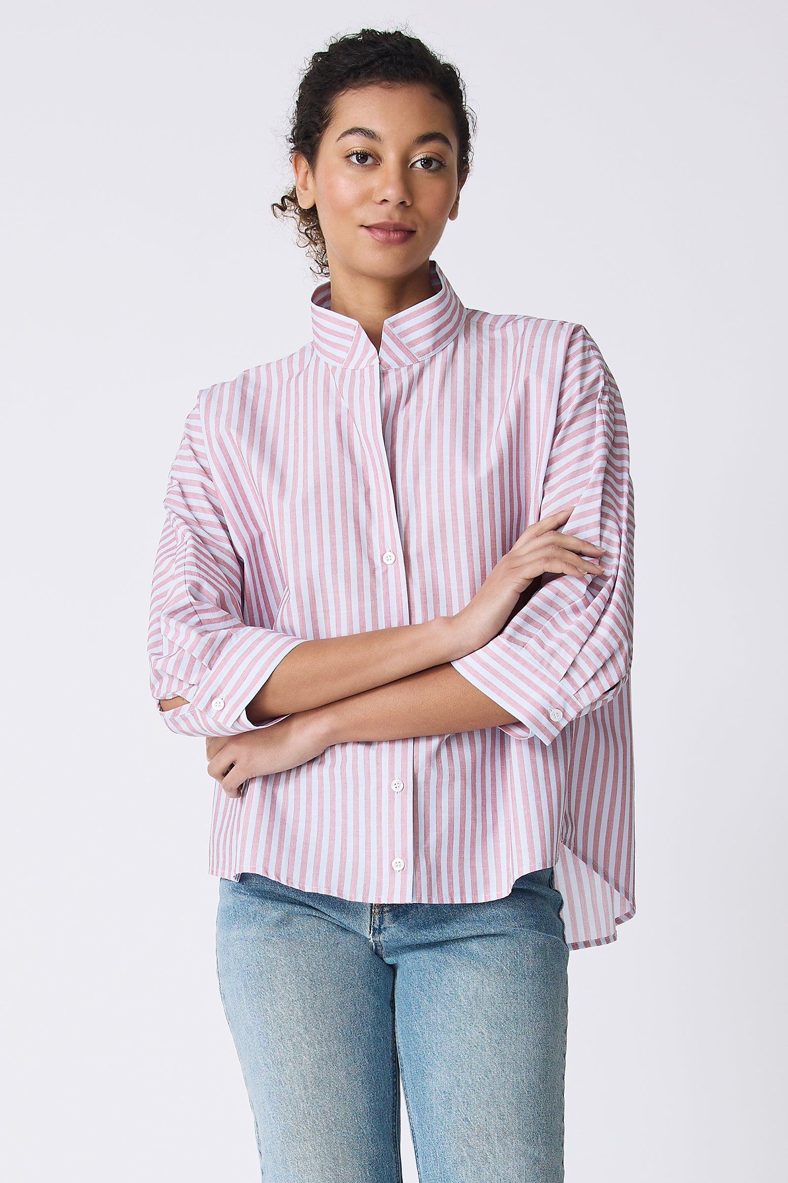 Kal Rieman Avi Shirt in Cabana Stripe Red on model with arms crossed front view
