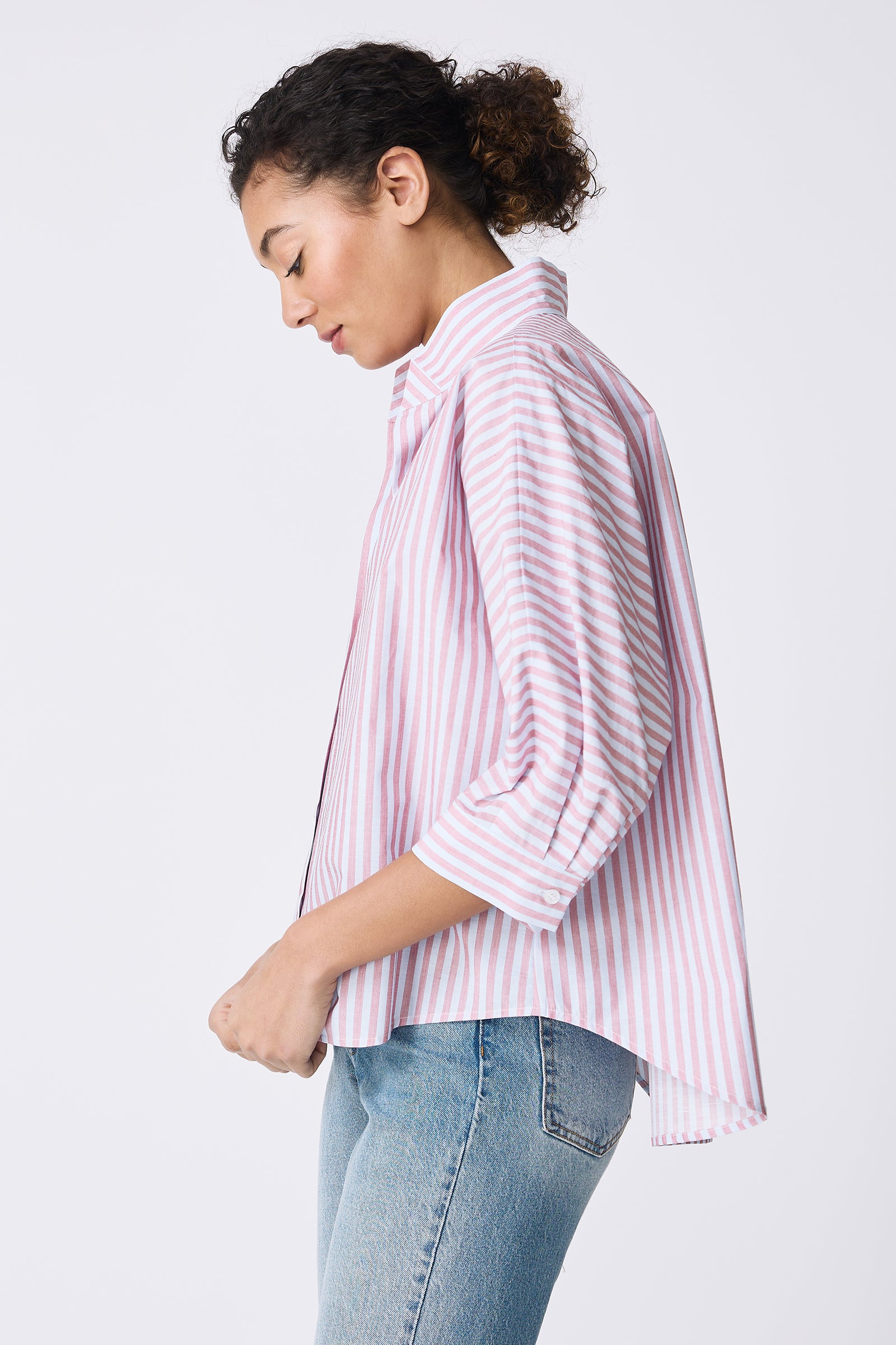 Kal Rieman Avi Shirt in Cabana Stripe Red on model side view
