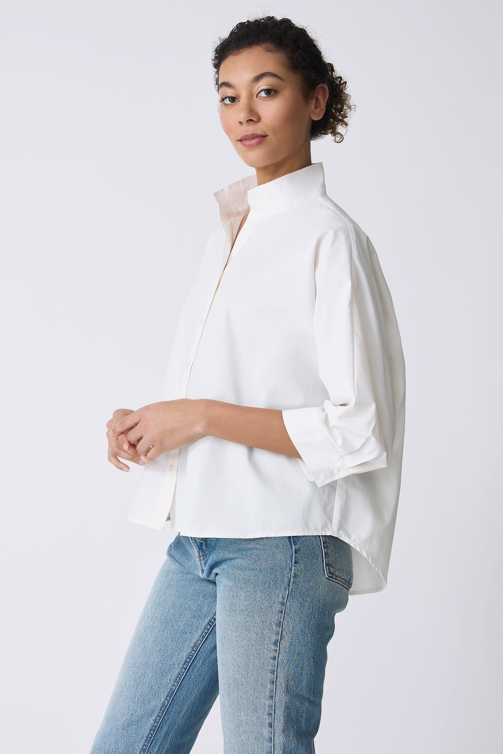 Kal Rieman Avi Shirt in Ecru on model side view