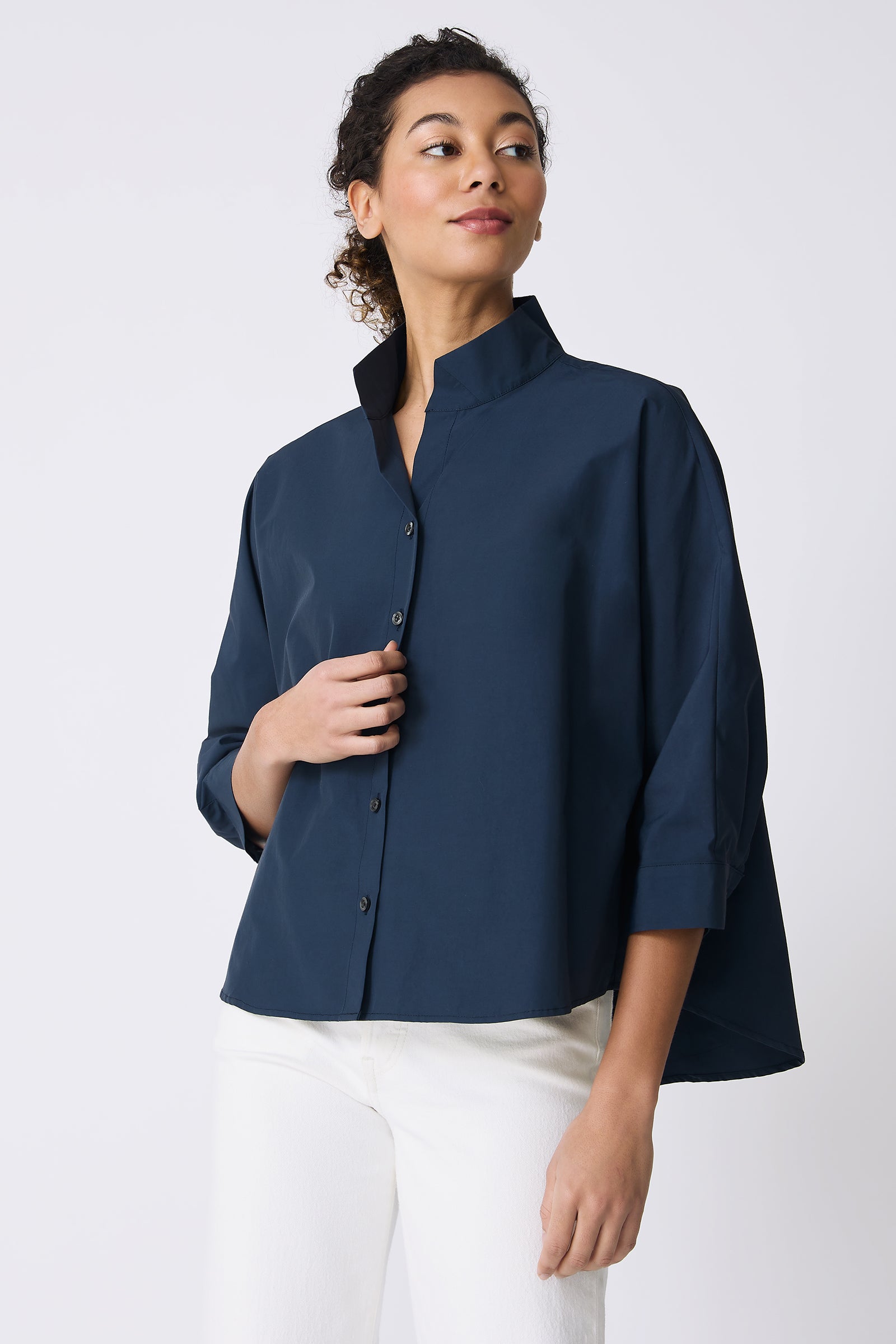 Kal Rieman Avi Shirt in Summer Navy on model looking left front view