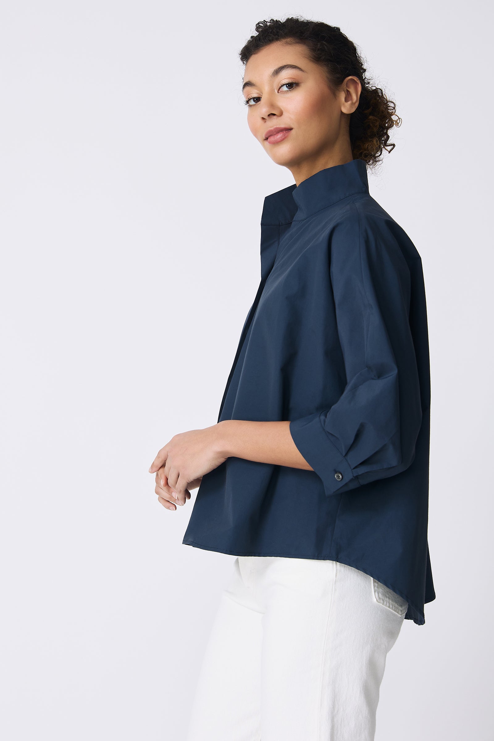 Kal Rieman Avi Shirt in Summer Navy on model side view