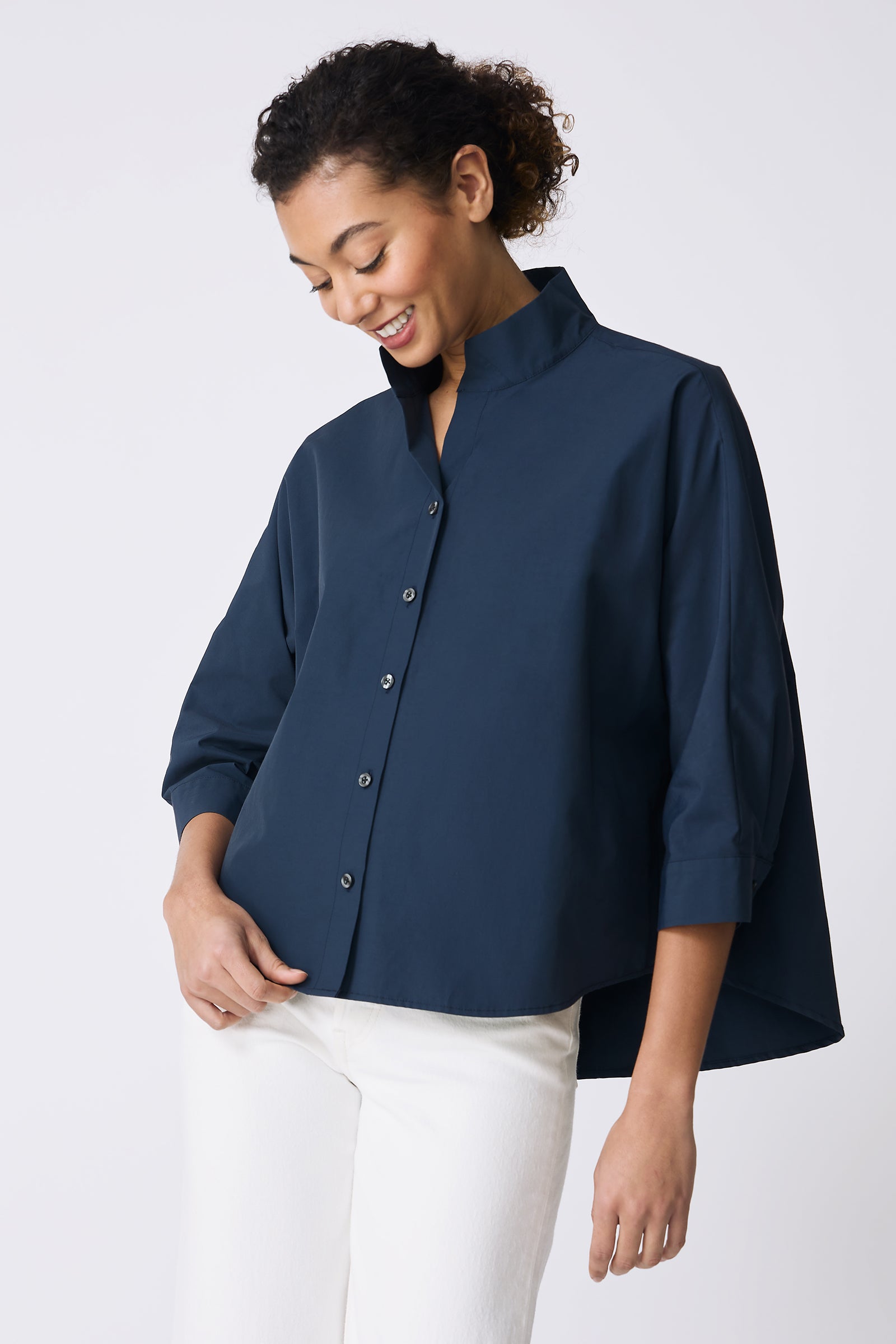 Kal Rieman Avi Shirt in Summer Navy on model looking down front view