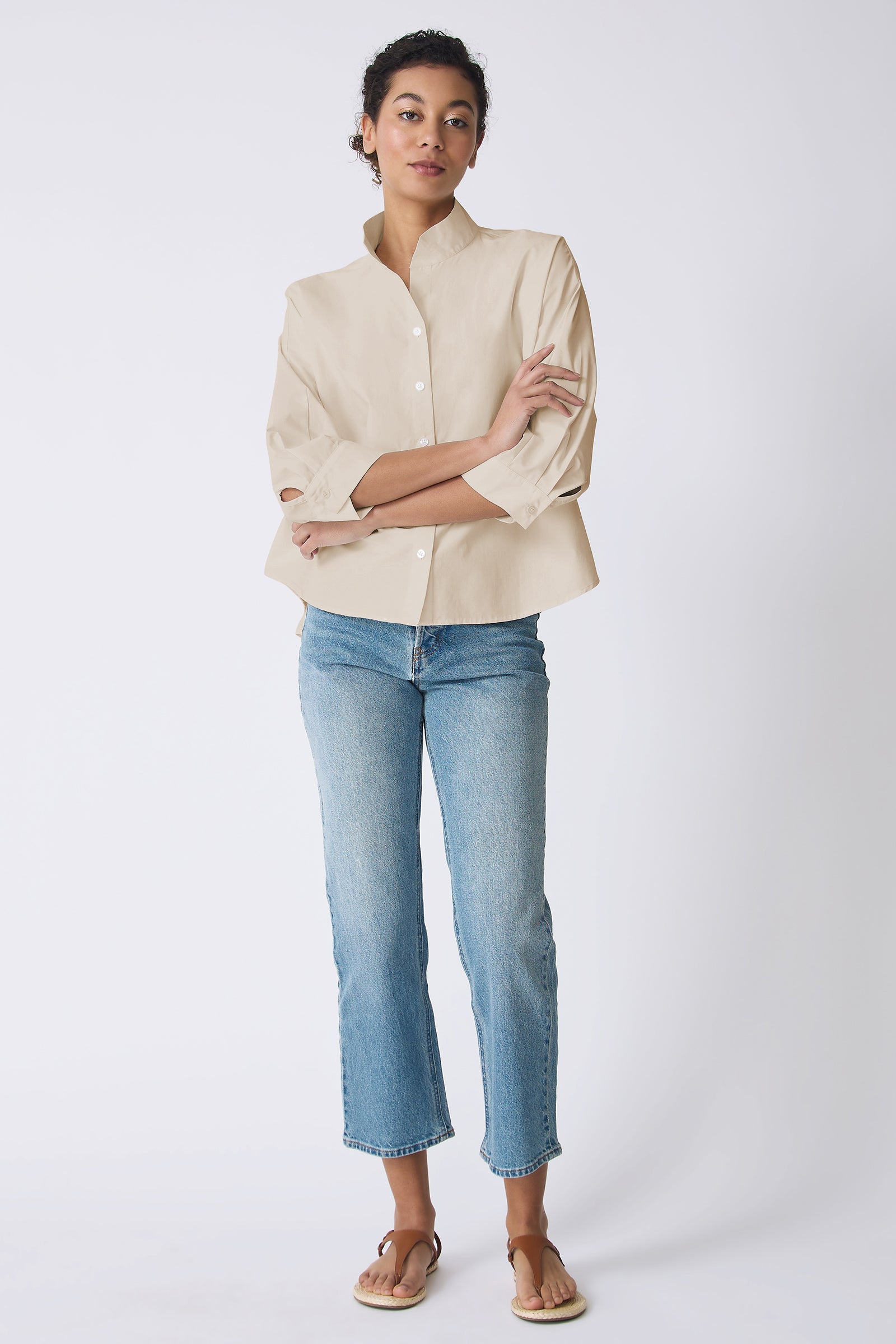 Kal Rieman Avi shirt in sand italian broadcloth on model front view full