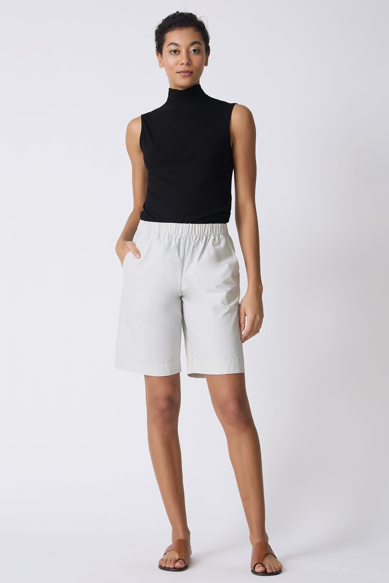 Kal Rieman Bahama Short in Stone on model with hand in pocket full front view main