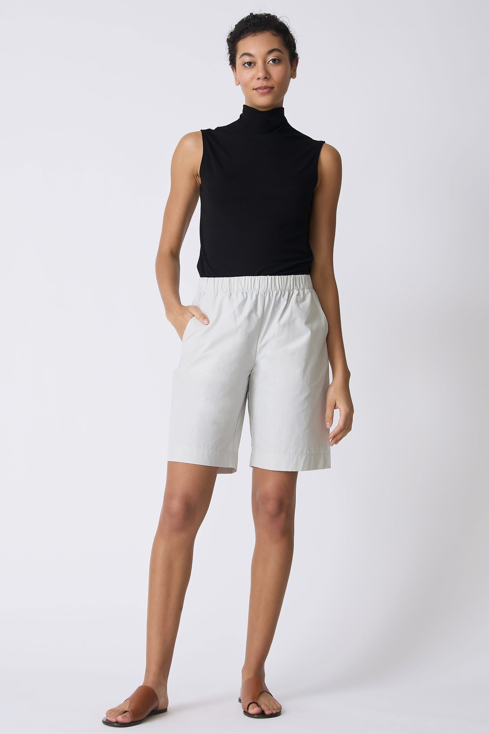 Kal Rieman Bahama Short in Stone on model smiling full front view