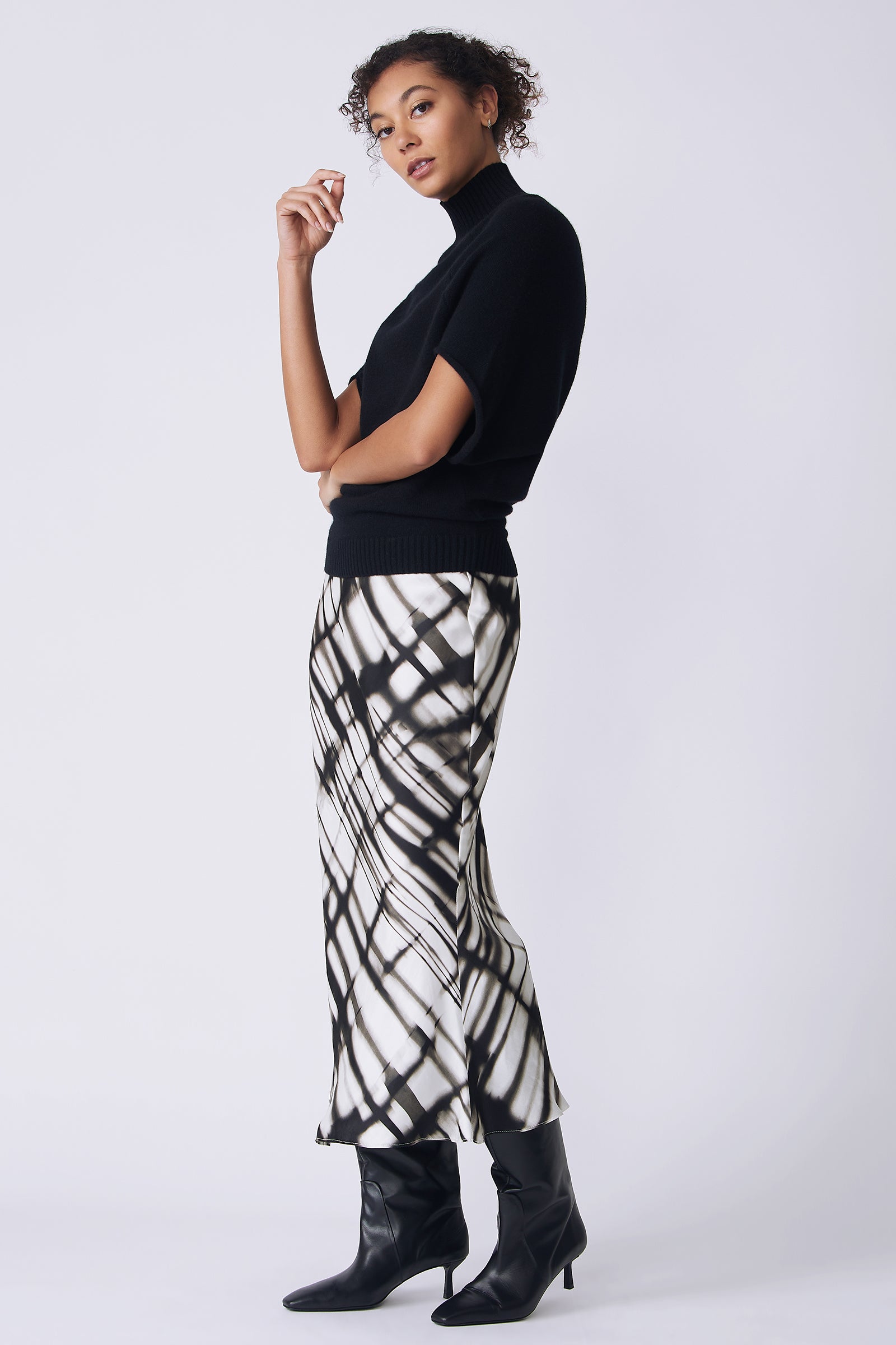 Kal Rieman Bias silk skirt in watercolor print on model side view